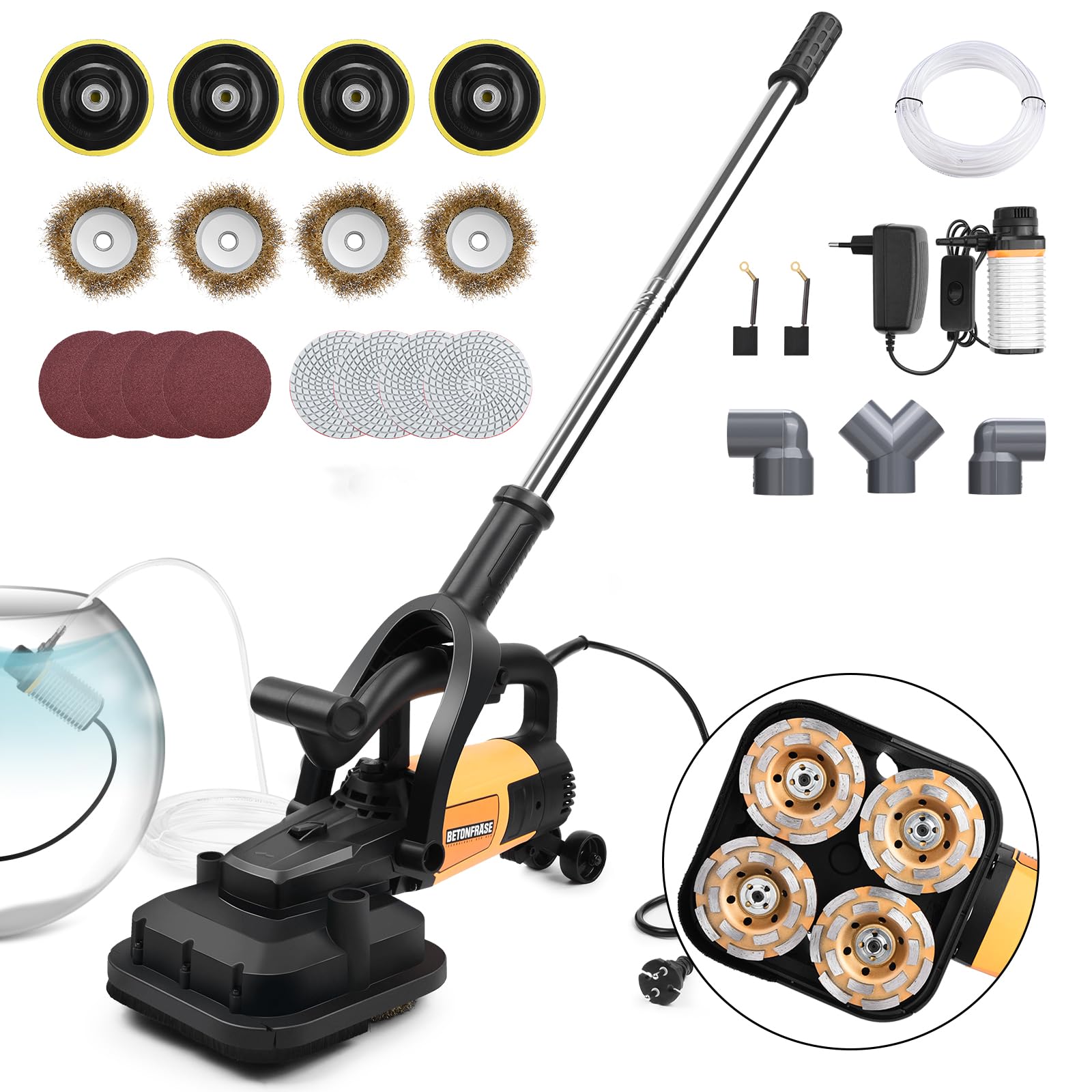 XIIW Amoladora Hormigón 3800W con 4 Módulos de 100mm Disco Diamante, 6Vel | Lijadora Profesional Piso con Mango Alargado y Doble Sistema Antipolvo, 6000RPM - Pulir, Nivelar y Lijar Piedra, Adhesivo