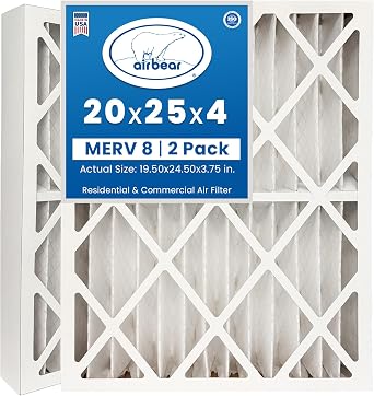 Air Bear 20x25x4 Pleated Air Filter MERV 8 2 Pack for HVAC A/C Furnace Filter Replacement actual size 19.50" x 24.50" x 3.75" in.