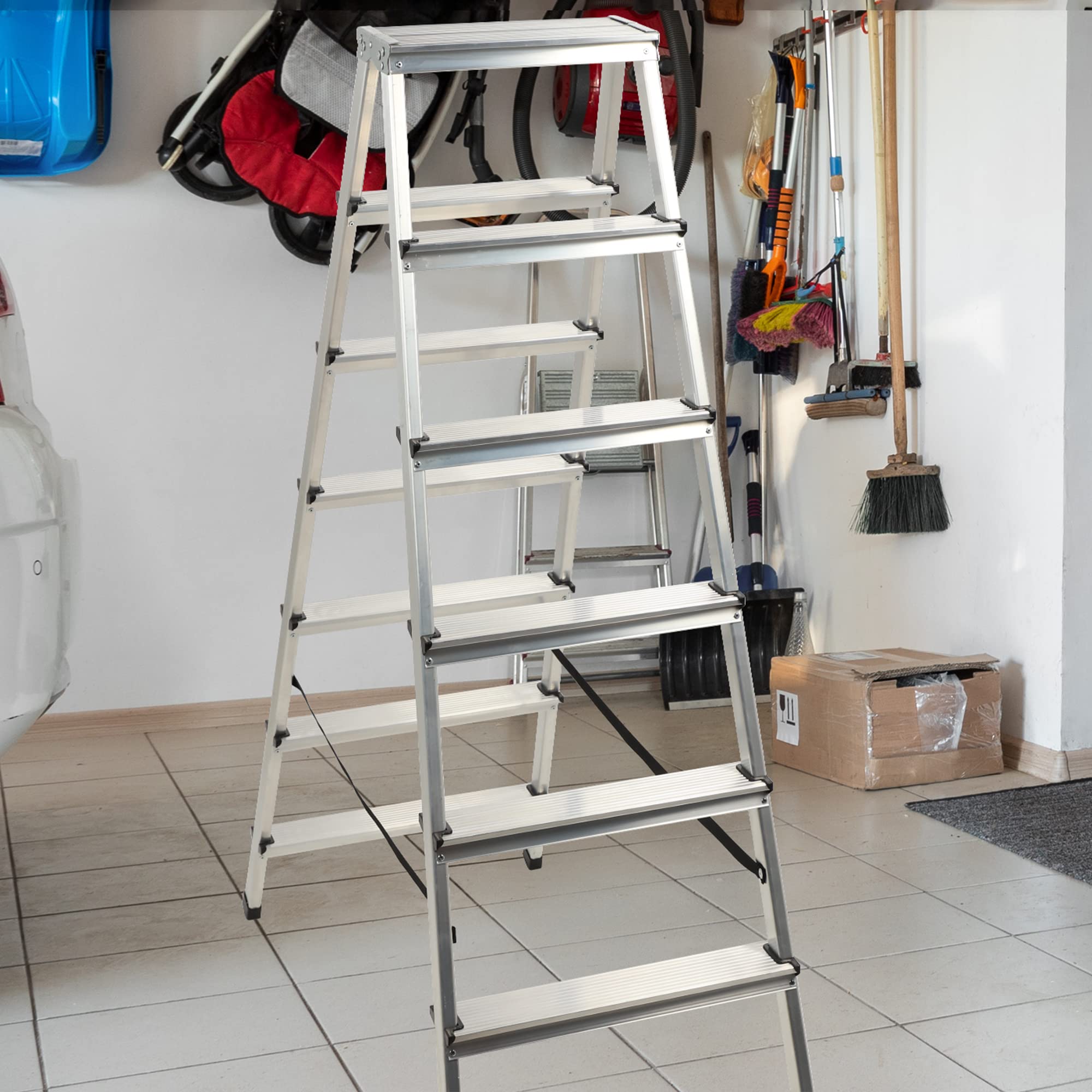 KADAX Escalera de Doble Cara de Aluminio con 7 Peldaños Antideslizantes, Capacidad de Carga de 125 kg, Plataforma de Trabajo y Diseño Plegable (145 x 50.5 cm)