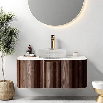 36" Floating Bathroom Vanity with Sink, Wall-Mount Modern Bathroom Cabinet with Ultra-Thin Crystal Glass Basin and Marble Top, Soft-Close Large Storage Drawer, Pre-Assembled, Dark Walnut