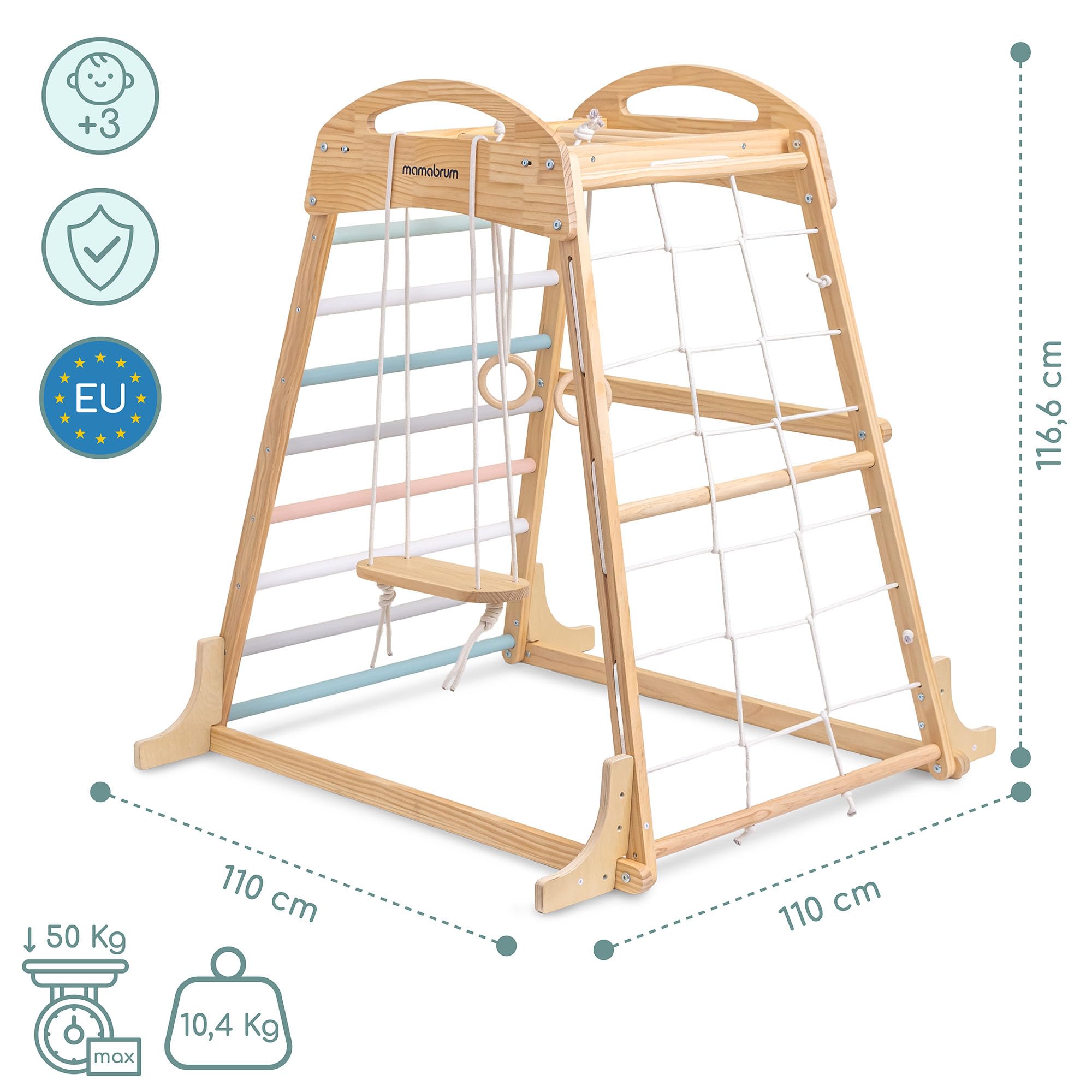 Mamabrum Aire de Jeux intérieure en Bois pour Enfants avec balançoire, Anneaux de Gymnastique et Filet d’Escalade – Ensemble Sportif Multifonctionnel pour la Maison