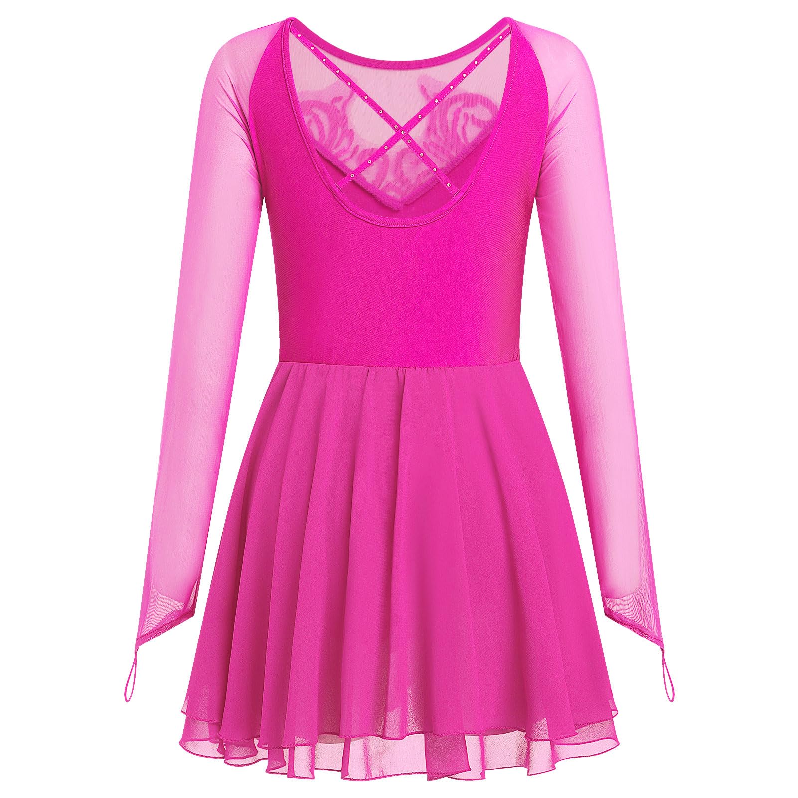 AFAVOM Women's Figure Ice Skating Dress Shiny Rhinestones Ballet Dance Dress Long Sleeve Competition Lyrical Chiffon Dress