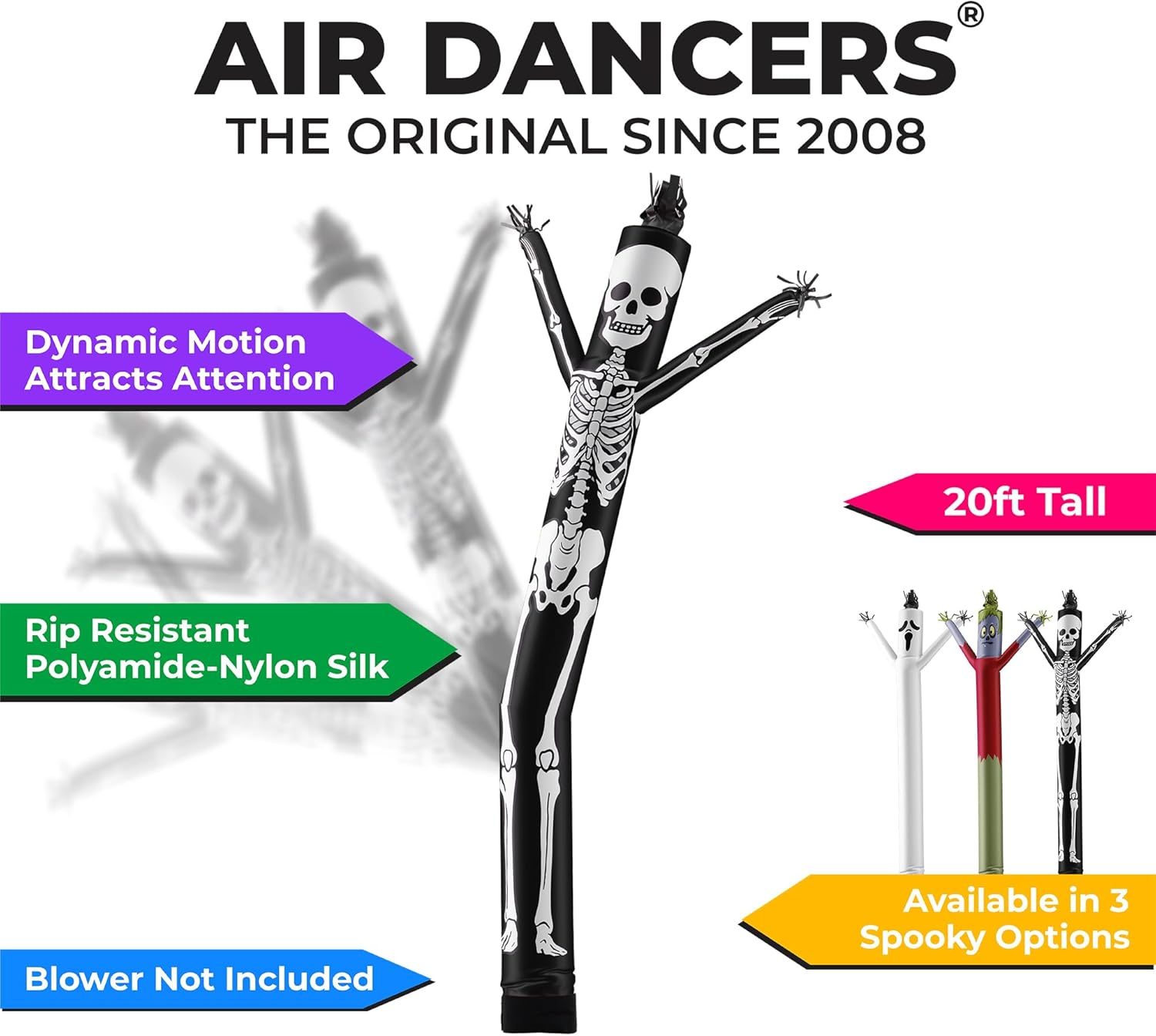 LookOurWay 20ft Skeleton Air Dancers Inflatable Tube Man Attachment | Halloween Inflatables Outdoor Decoration | Wacky Waving Halloween Blow Up for Yard Display or Business (Blower Not Included)
