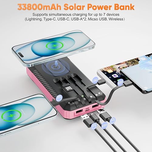 Miniatura 2 de Cargador portátil inalámbrico de 33800 mAh con 4 cables integrados, batería de carga rápida con 7 salidas, 4 entradas, linterna LED de campamento,