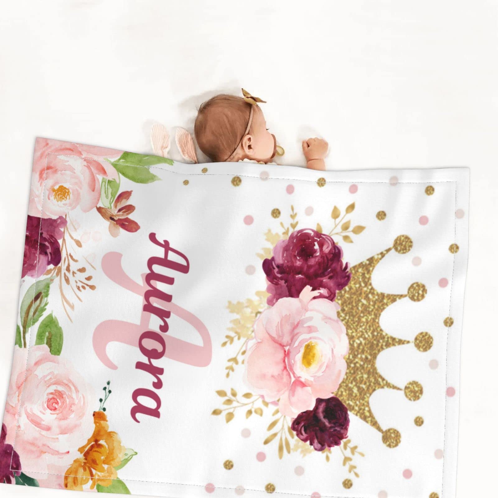 Sweewind Personalized Baby Blanket - Custom Name Blanket With Crown & Floral Design, Multiple Sizes, Soft Flannel