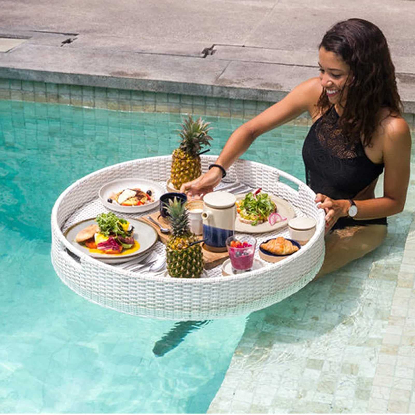 Swimming pool floating bar, Floating Buffet Table Serving Tray with Handles, Floating Serving Tray Table Bar Swimming Pool Floating Tray(White,80CM)