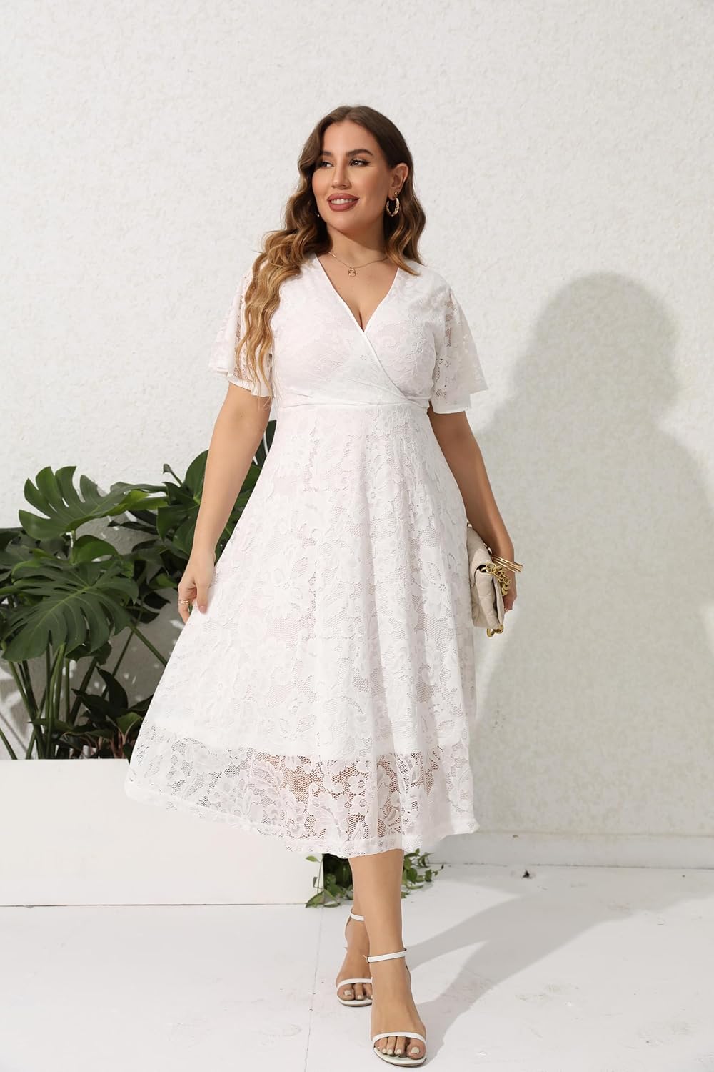 SCOMCHIC Women Plus Size Lace Cocktail Dresses Faux Wrap V Neck Short Sleeve Flowy A Line Wedding Guest Midi Dress - Image 4