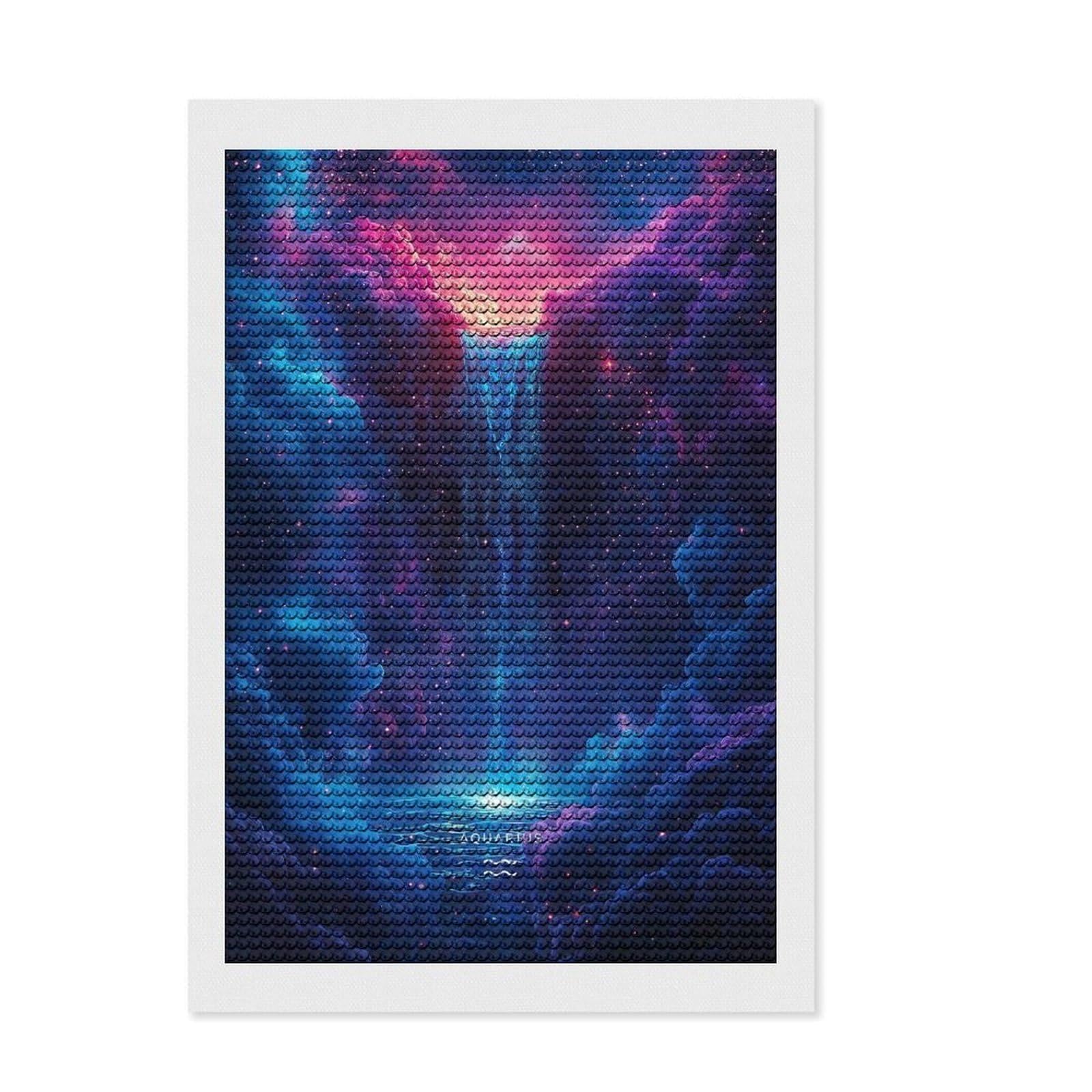 Junmoney Sign Aquarius Waterfall Diamond Painting Set 8"x12", Stress Relief Craft, Finish and Display, Boho Decor, for Women, Sparkling Round Gems