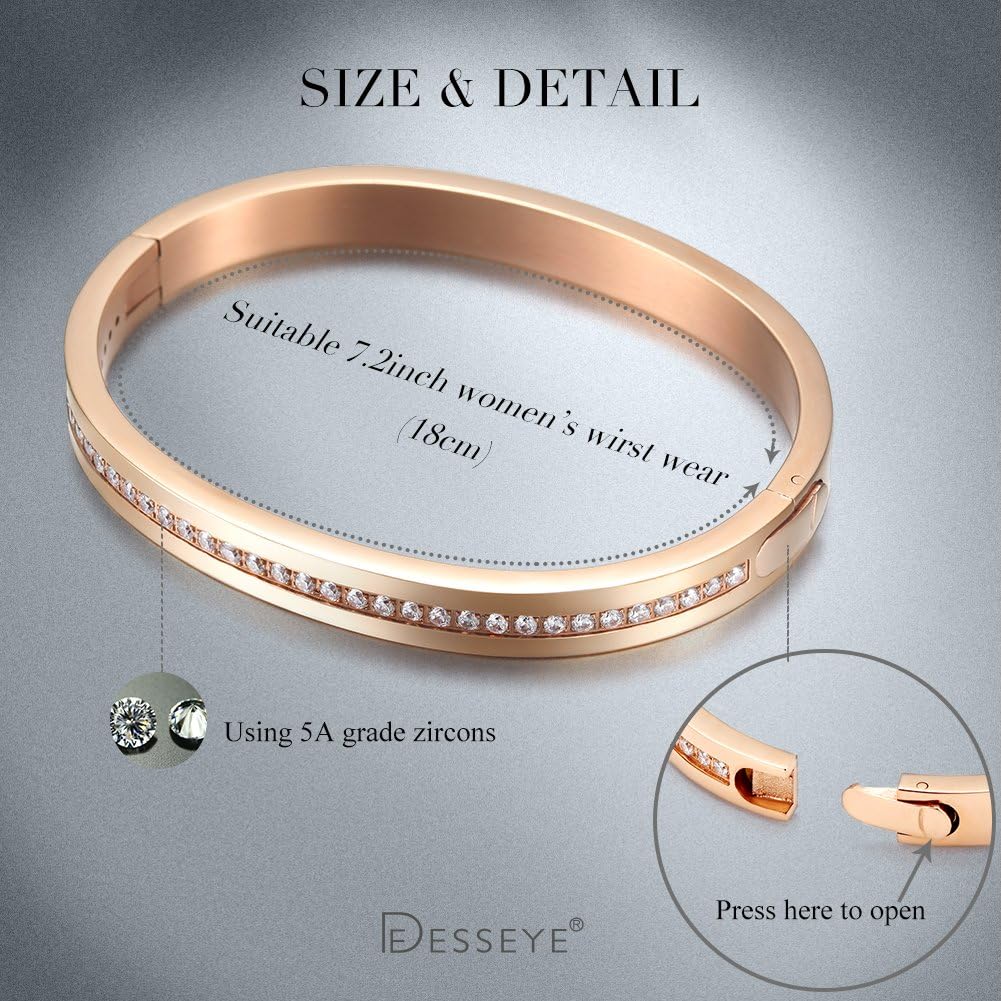 Gold Plated Bangle Bracelet for Women, Silver CZ Pavé Hinged Bangle, Fits 6.0”–7.0” Wrists. Non-Tarnish Stackable Jewelry, Stainless Steel Cuff with Cubic Zirconia Inlay