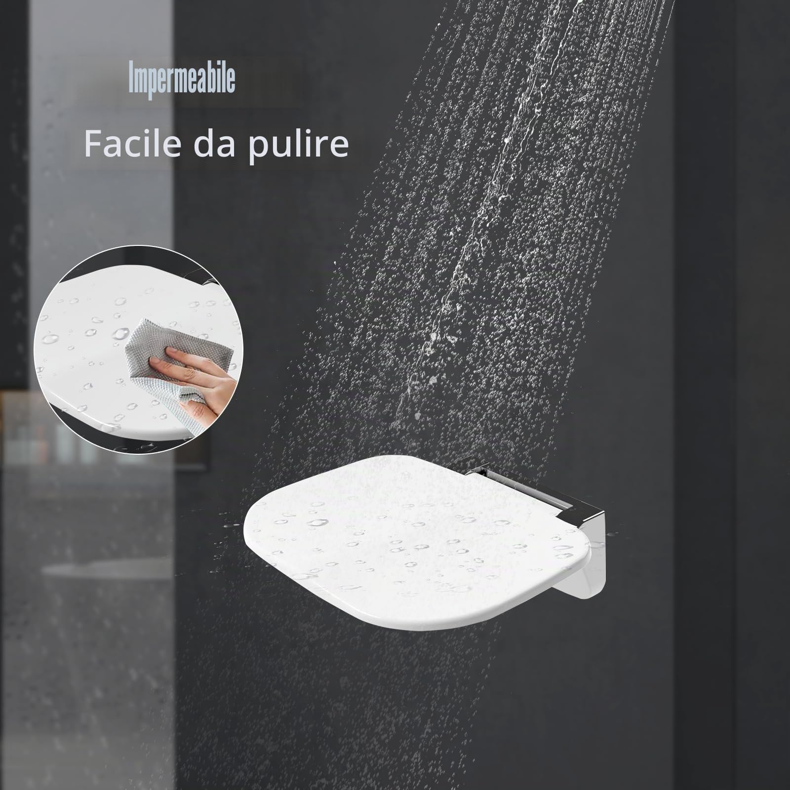Sedia Doccia Sottile Ergonomica Pieghevole a Muro - 180kg Portata Max Antiscivolo, per Anziani e Disabili, Bianco