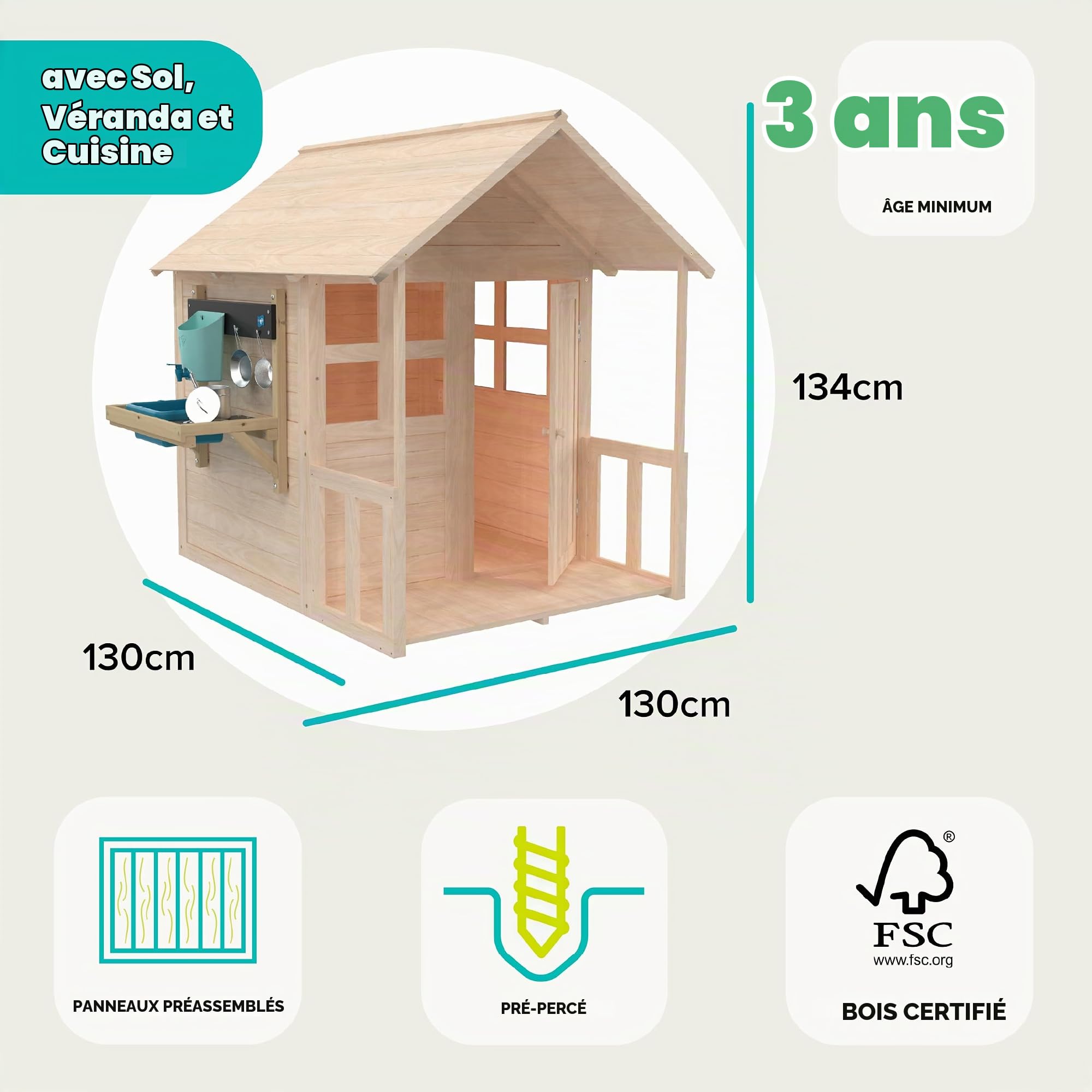 TP Buttercup Cottage Maison de Jeu en Bois, véranda et Cuisine, Bois certifié FSC, Design Personnalisable, fenêtres en plexiglas, Divertissement en Plein air pour Enfants, à partir de 2 Ans