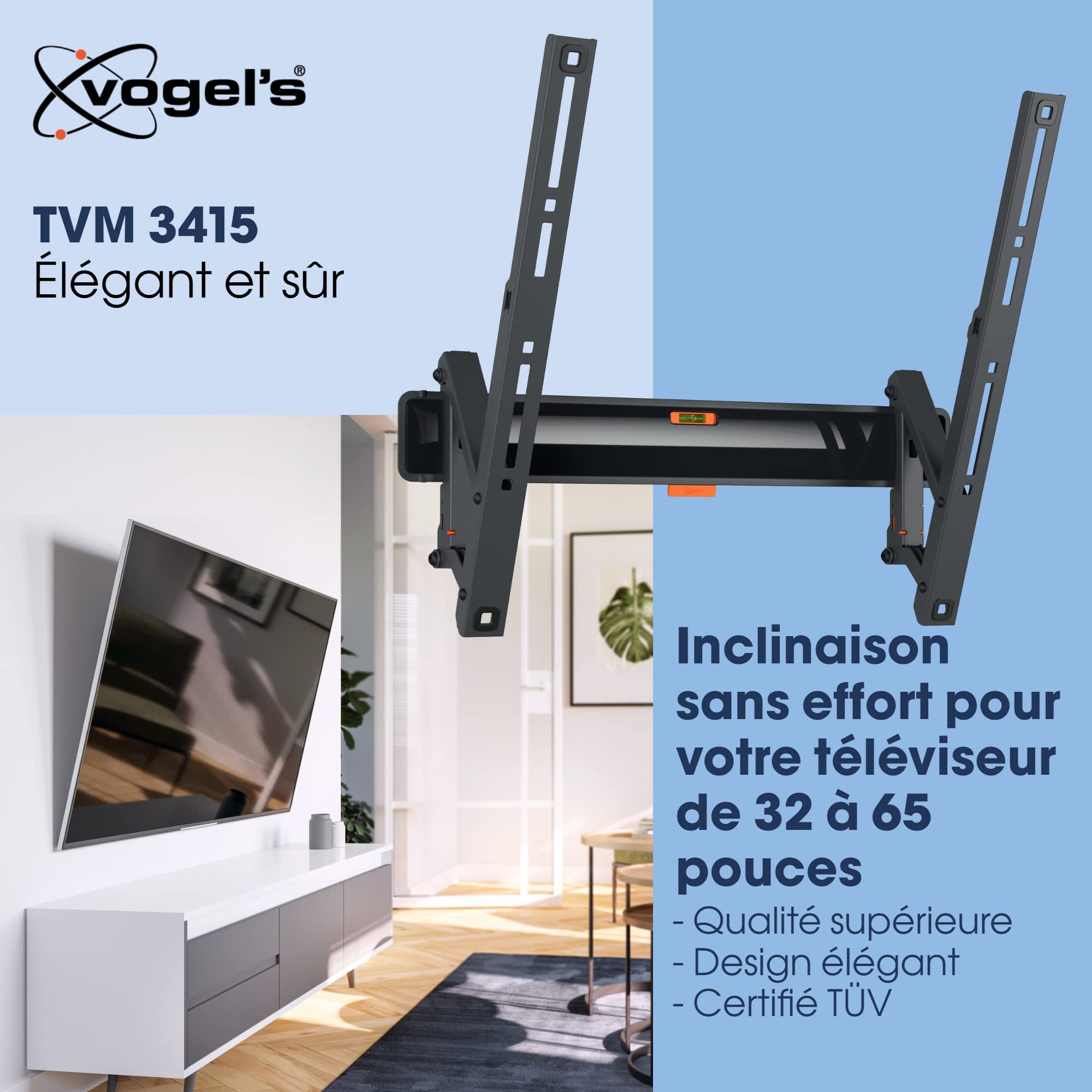 Vogel's TVM 3415 Support Mural TV inclinable pour téléviseurs 32-65 Pouces, Max. 25 kg, Support TV Max. VESA 400x400, Compatibilité Universelle | Inclinable jusqu'à 20°, Charge Max 25 kg, Certifié TÜV, VESA 400x400, Technologie inclinaison protège TV et m