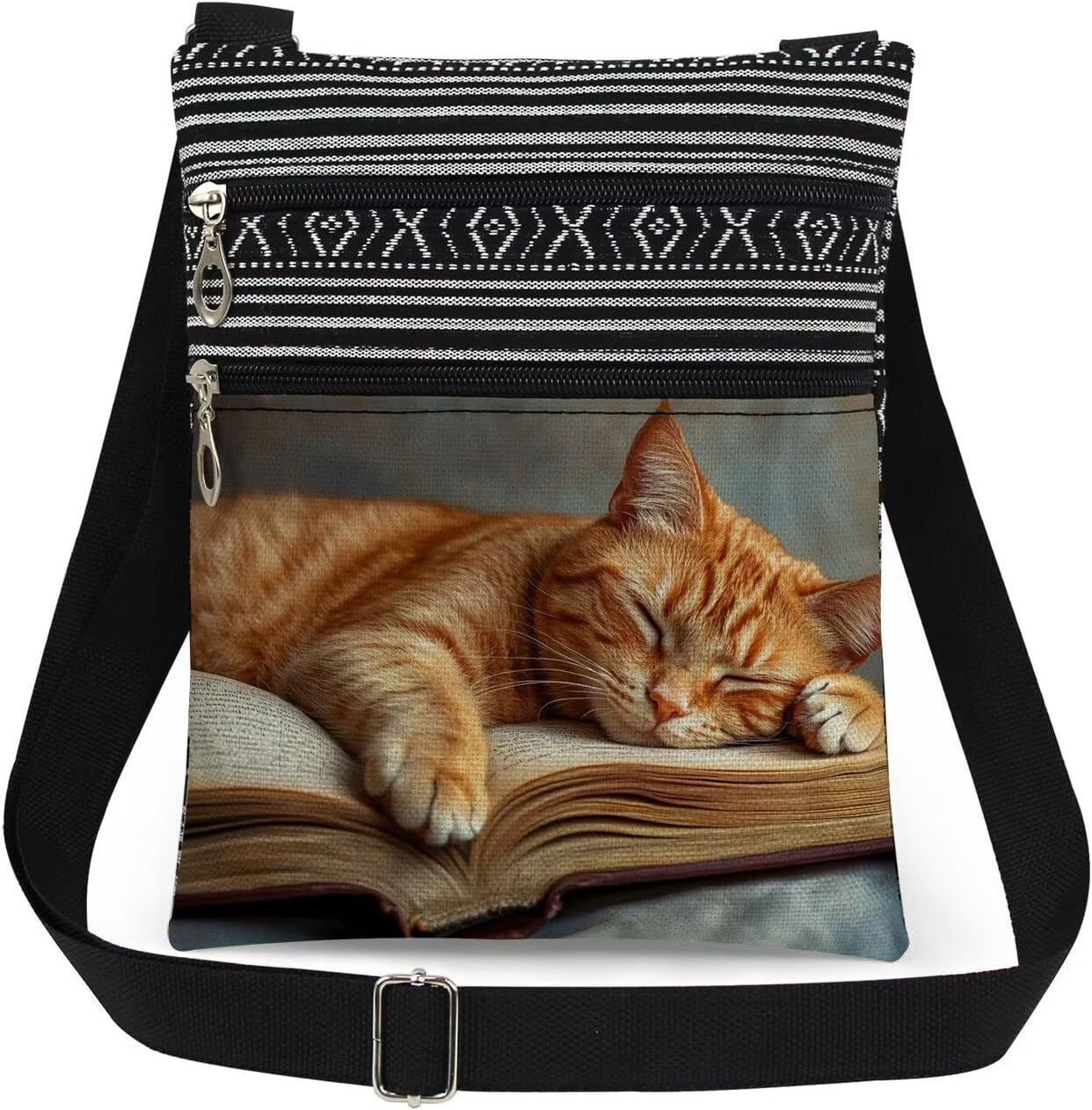 Orange Cat Book Print Crossbody Bag