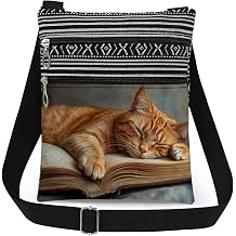 Orange Cat Book Print Crossbody Bag Birthday Holiday Present for Women & Adult Teens Sister Christmas Gift for Men Travel Adjustable Shoulder Strap Messenger Bag
