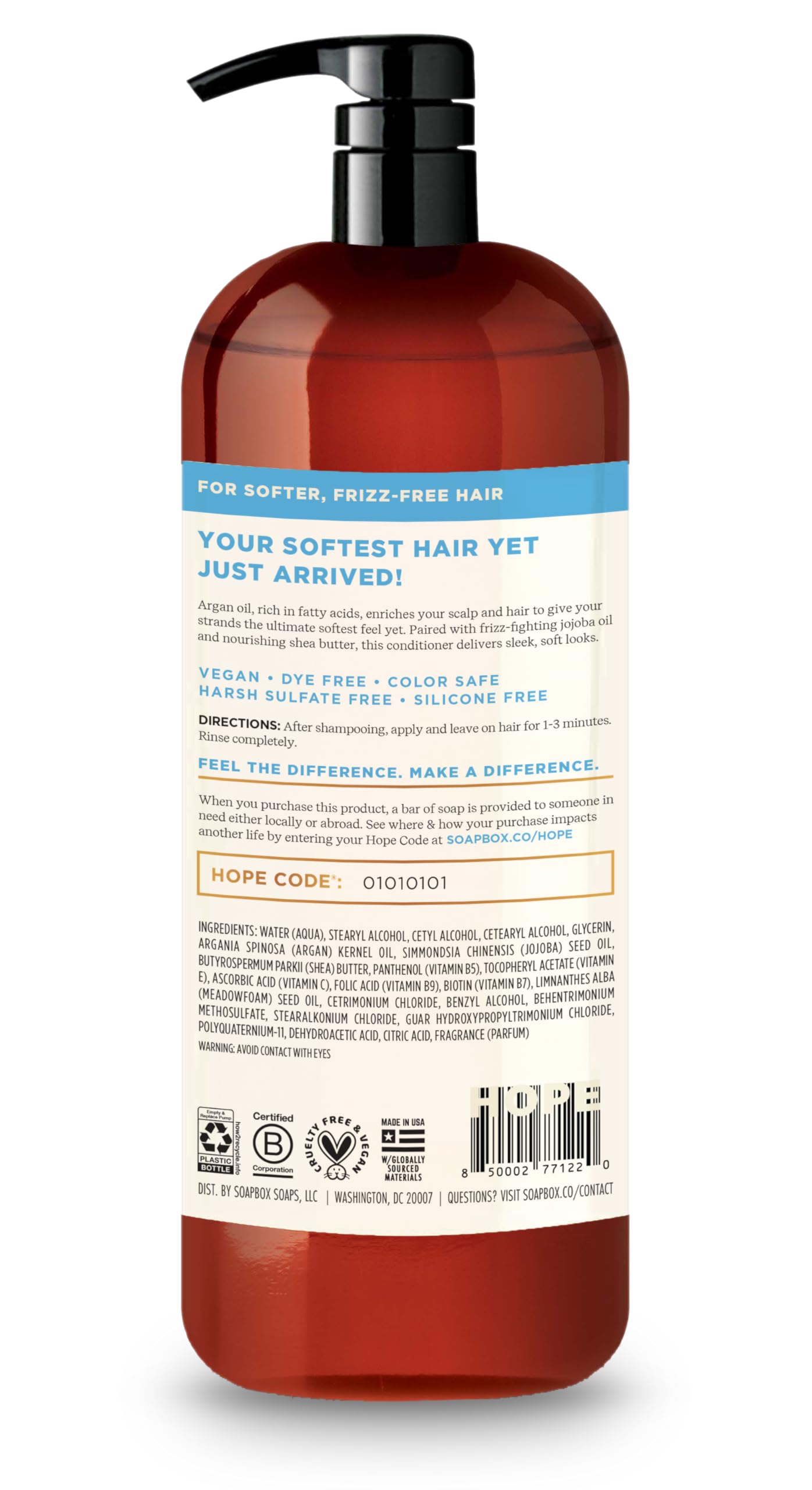 Soapbox Argan Oil Conditioner to Control & Soften the Hair, Rich in Vitamin E to Maintain a Smooth Finish With a Locked-In Shine - 1 x 1L