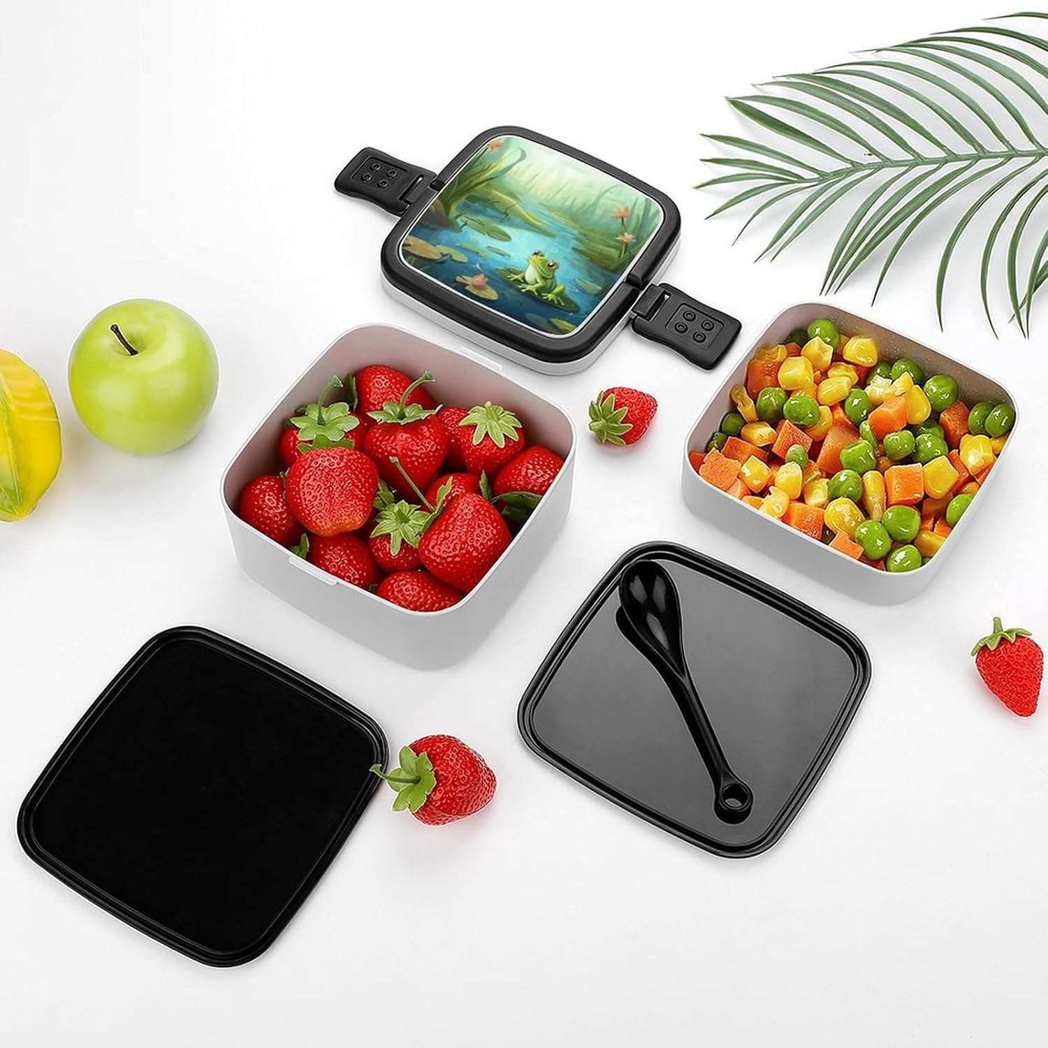 Reusable Leakproof Bento Box,Frog in A Pond Printed 2 Layer Stackable Lunch Box with Spoon Portable Large Lunch Box for Dining Out, Work, Picnic, Travel