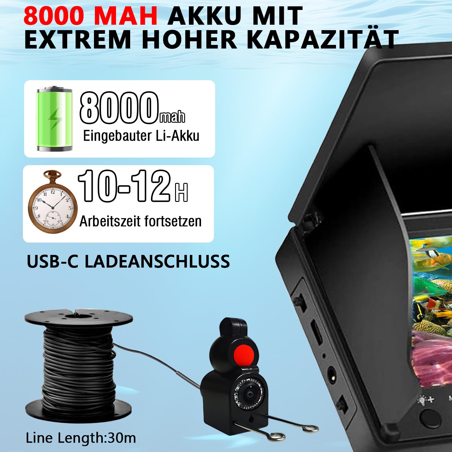 Cámara subacuática para pesca, buscador de peces, cámara con pantalla IPS de 4,3 pulgadas y cable de 30 m, resistente al agua, gran angular de 220°, visión nocturna, cámara de pesca subacuática para