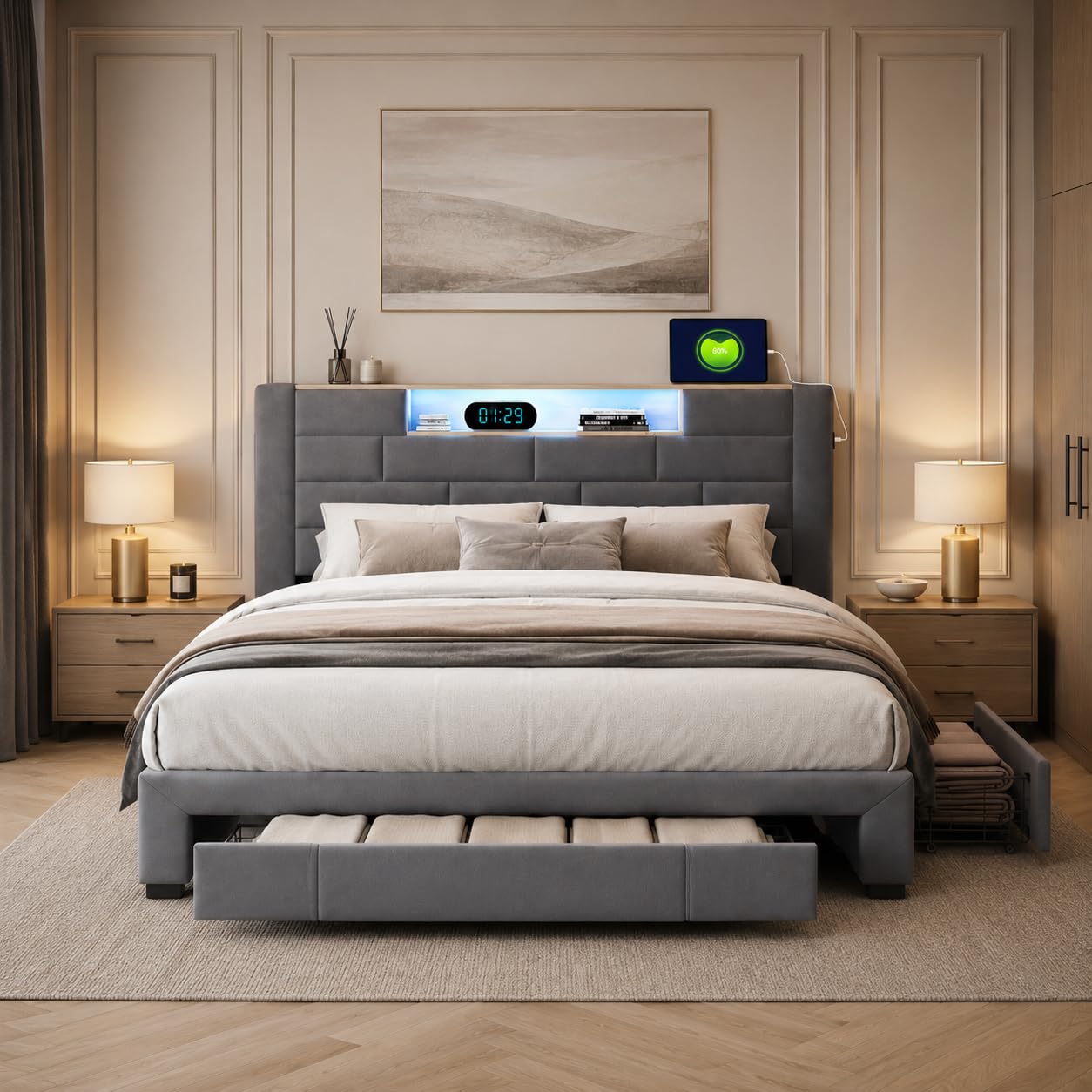 PerGar Modern Double Bed Frame 4ft6 with LED Lights, USB Type-C, Upholstered Bed with Drawers, 135x190cm, Grey