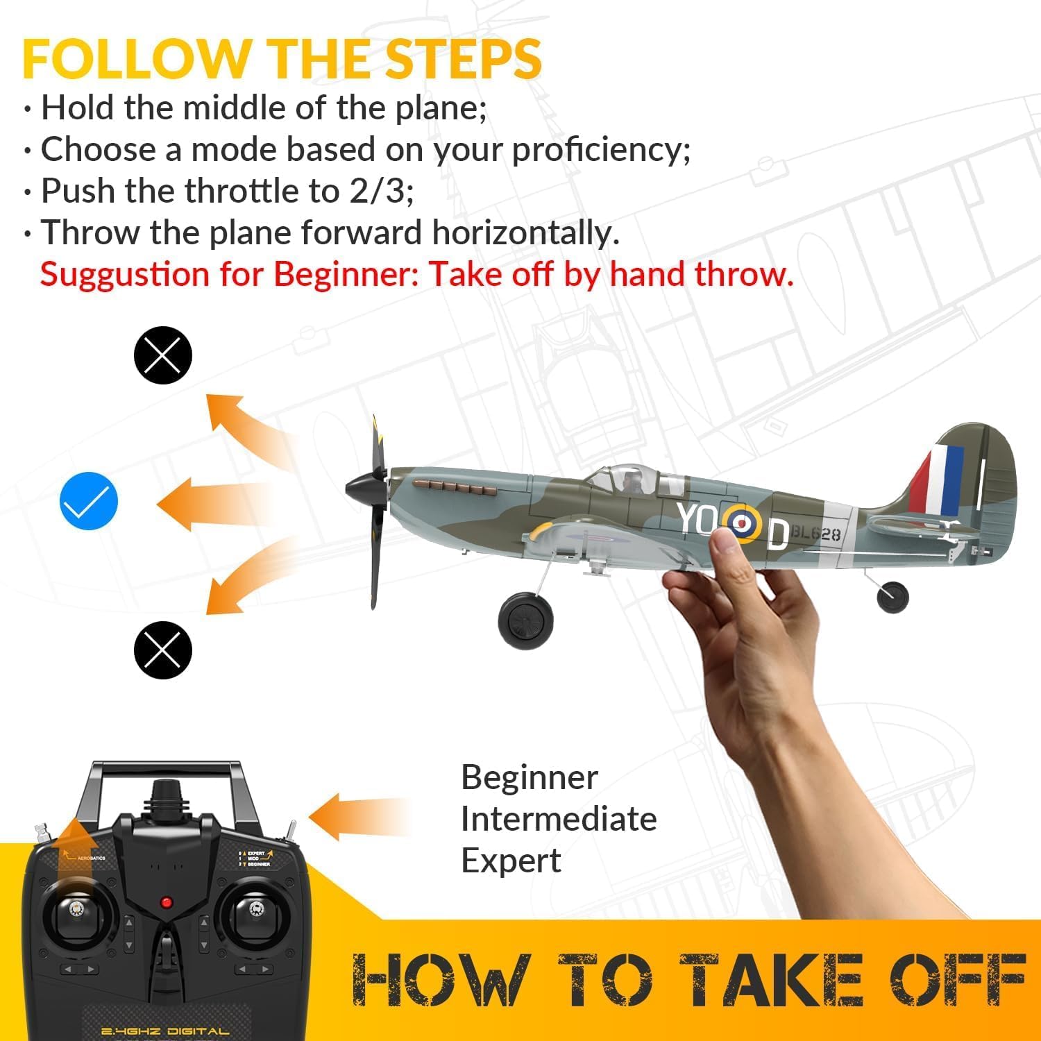 VOLANTXRC Avion télécommandé 4-CH RC Spitfire Fighter Avion radiocommandé 14+ pour débutants avec système de stabilisation Xpilot, voltige avec Une Seule Touche (761-12 Blue)