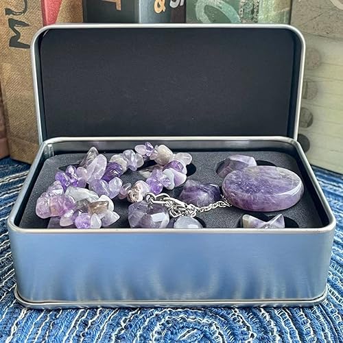 Miniatura 5 de Juego de piedras preciosas naturales de cuarzo platónico de cristal sólido con geometría sagrada con péndulo de estrella Merkaba caja de lata