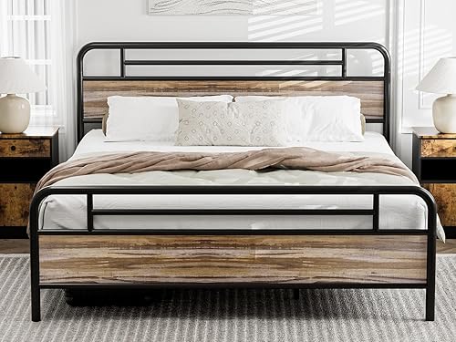 Miniatura 18 de IKIFLY Base de cama California King con cabecero de madera, cama de plataforma de metal California King, listones de acero resistente, Marrón