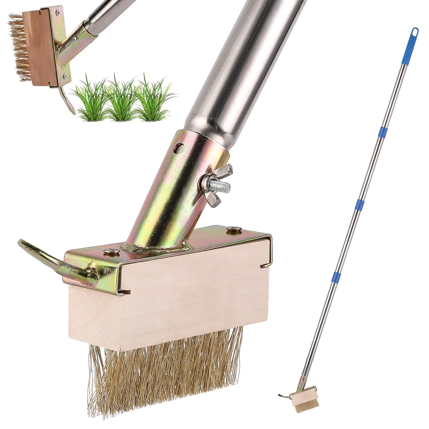 Etravel Blue Weed Brush Long Handle For Cleaning Patios, Block Paving And Driveway Patio Remover Tool With Angled Wire Bristles, 60" Blade Scraper To Remove Weeds Moss Build-Up (Blue)