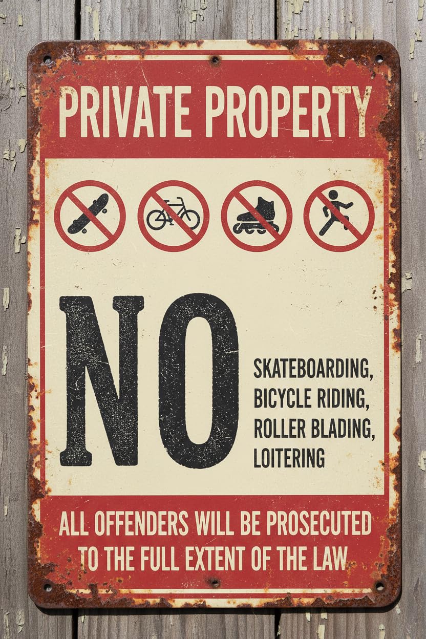 No Skateboarding Biking Loitering Private Property Tin Sign, 8x12 Inch