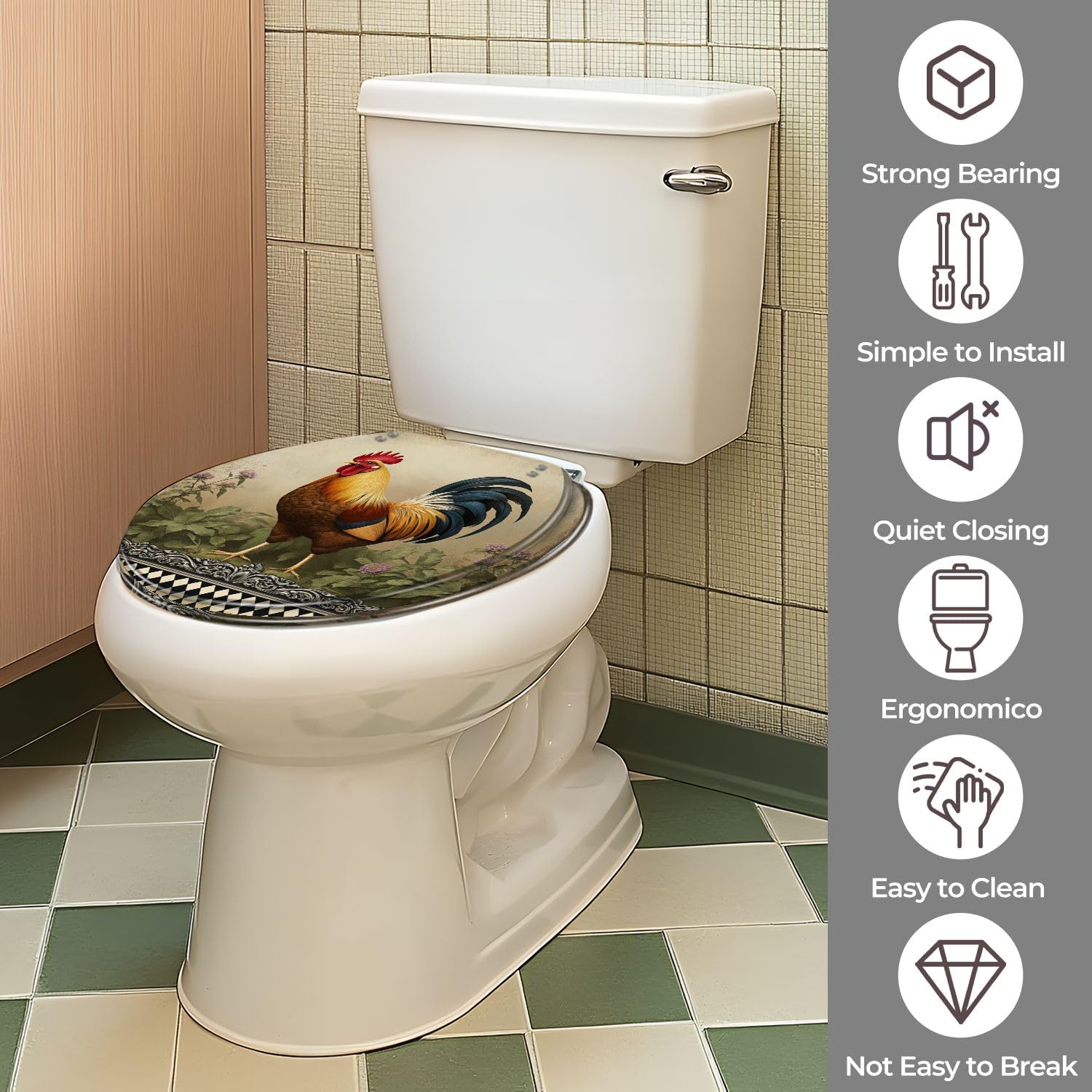 Asiento de inodoro redondo de resina para baños de estilo rústico.
