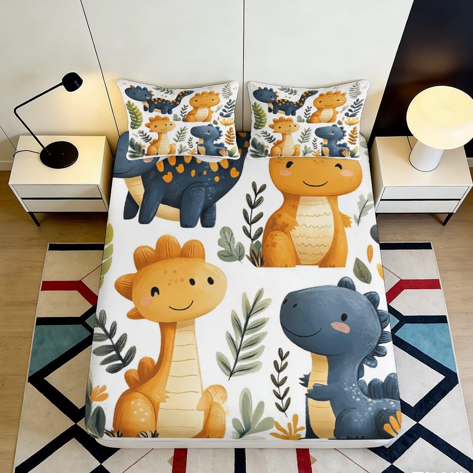 3D Printed Cartoon Dinosaur Fitted Sheet Microfiber Deep Pocket Bedroom Bedding Cartoon Dinosaur Mattress Fitted Cover Soft Washable for All Ages 200x200x25cm 90x200x25cm