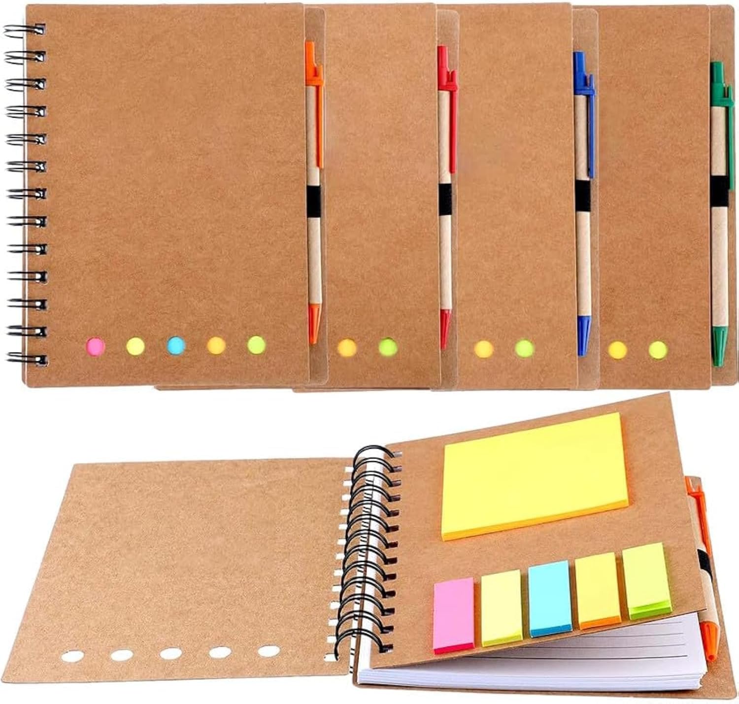 Funito 4 Packs Spiral Notebook Lined Notepad with Pen in Holder and Sticky Notes, Page Marker Colored Index Tabs Flags