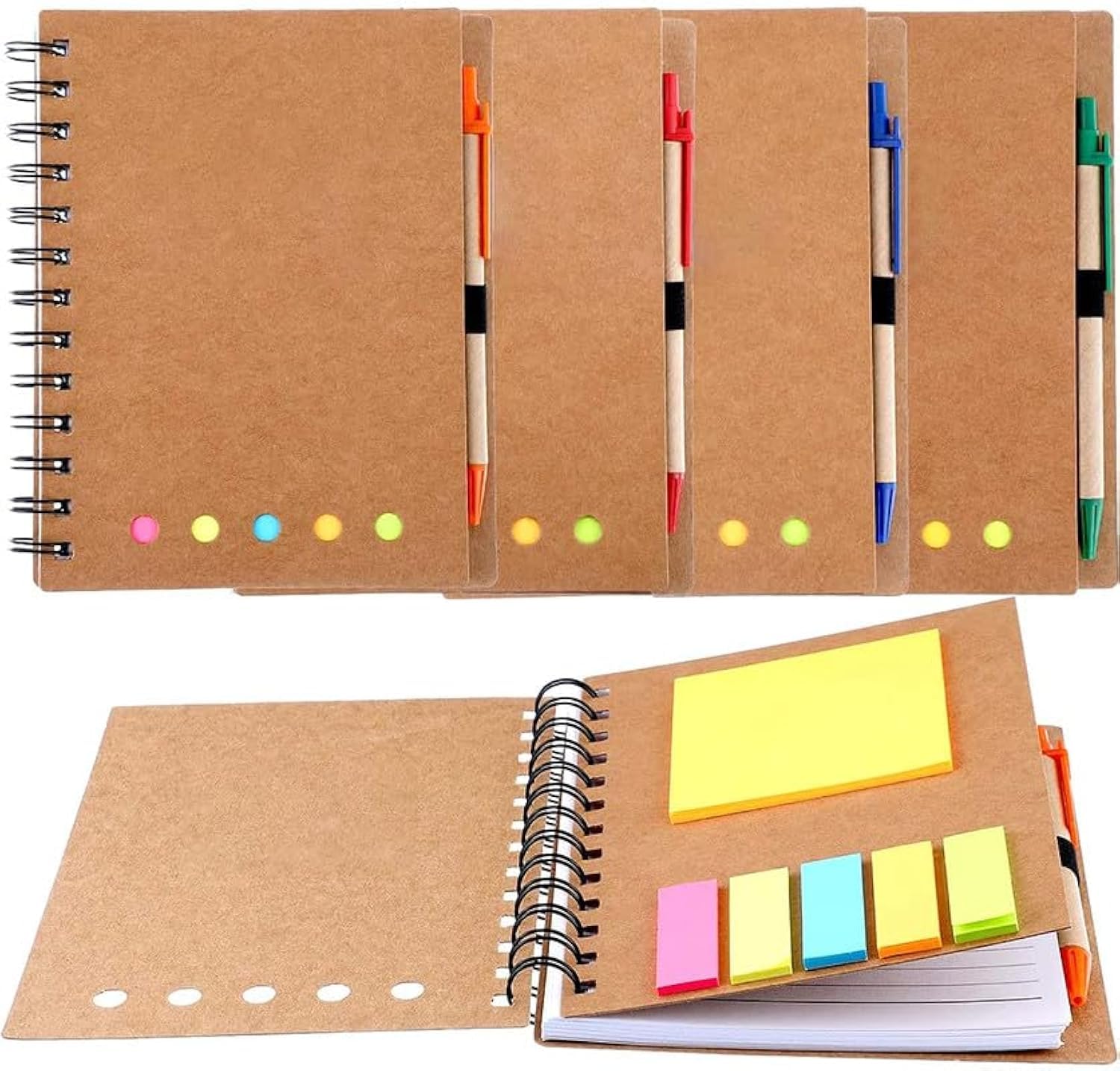 Funito 4 Packs Spiral Notebook Lined Notepad with Pen in Holder and Sticky Notes, Page Marker Colored Index Tabs Flags