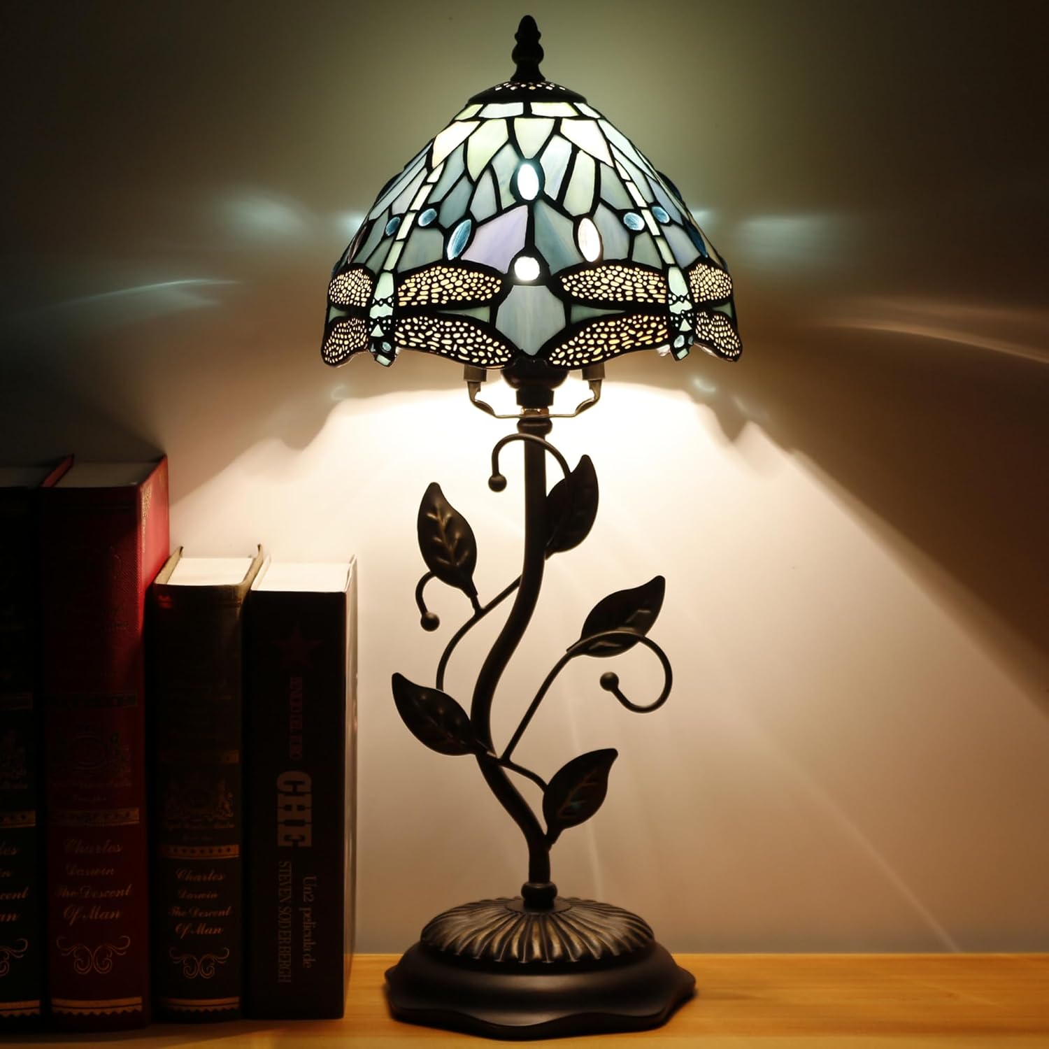 Small Tiffany Lamp Stained Glass Table Lamp Metal Leaf Accent Desk Memory Lamp Sympathy 8X20 Inch (Sea Blue Dragonfly Style)