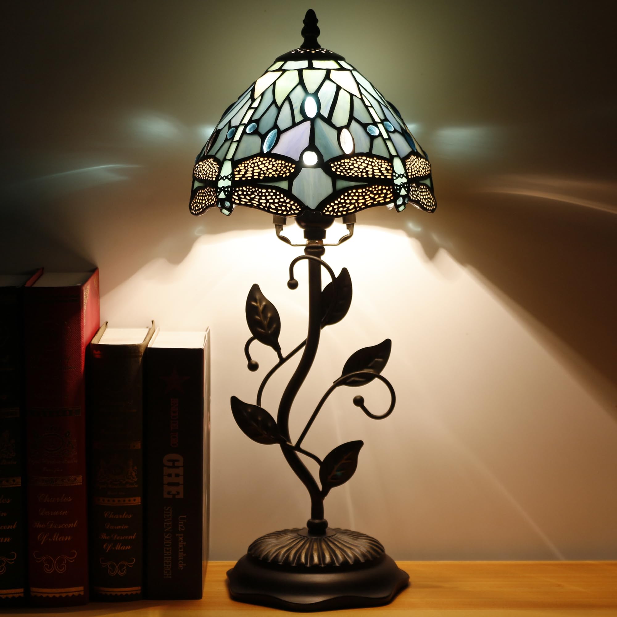SYETL Small Tiffany Lamp Sea Blue Stained Glass Table Lamp Metal Leaf Accent Dragonfly Style Desk Memory Lamp Sympathy 8X20 Inch
