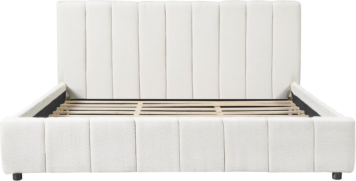 Merax Boucle Upholstered King Bed Frame with 42.7" High Headboard & 3.9" Thick, Vertical Stripe Tufting Design, Modern King Size Platform Bed, Solid Wood Support Leg, Bear 700Lbs, Off White