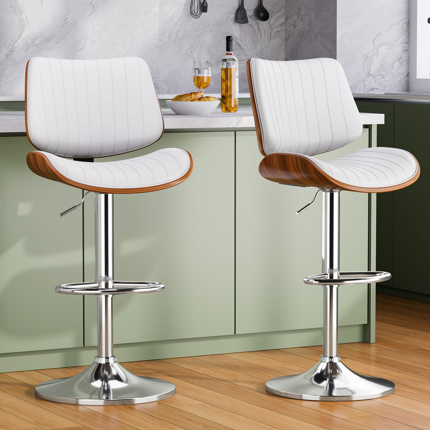 REONEY Swivel Bar Stools Set of 2, Adjustable Bentwood Barstools for Kitchen Counter, Modern PU Leather Upholstered Bar Chair with Back and Footrest,