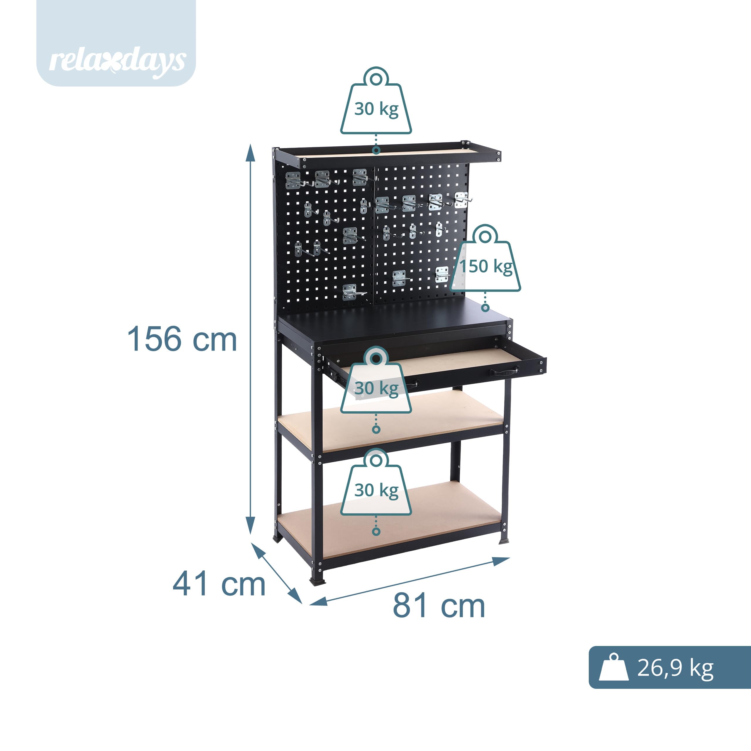 Relaxdays Werkbank, HBT: 156x81x41 cm, 3 Ebenen, mit Schublade, Lochwand & Zubehör, Stahl & MDF, Werkstattregal, schwarz