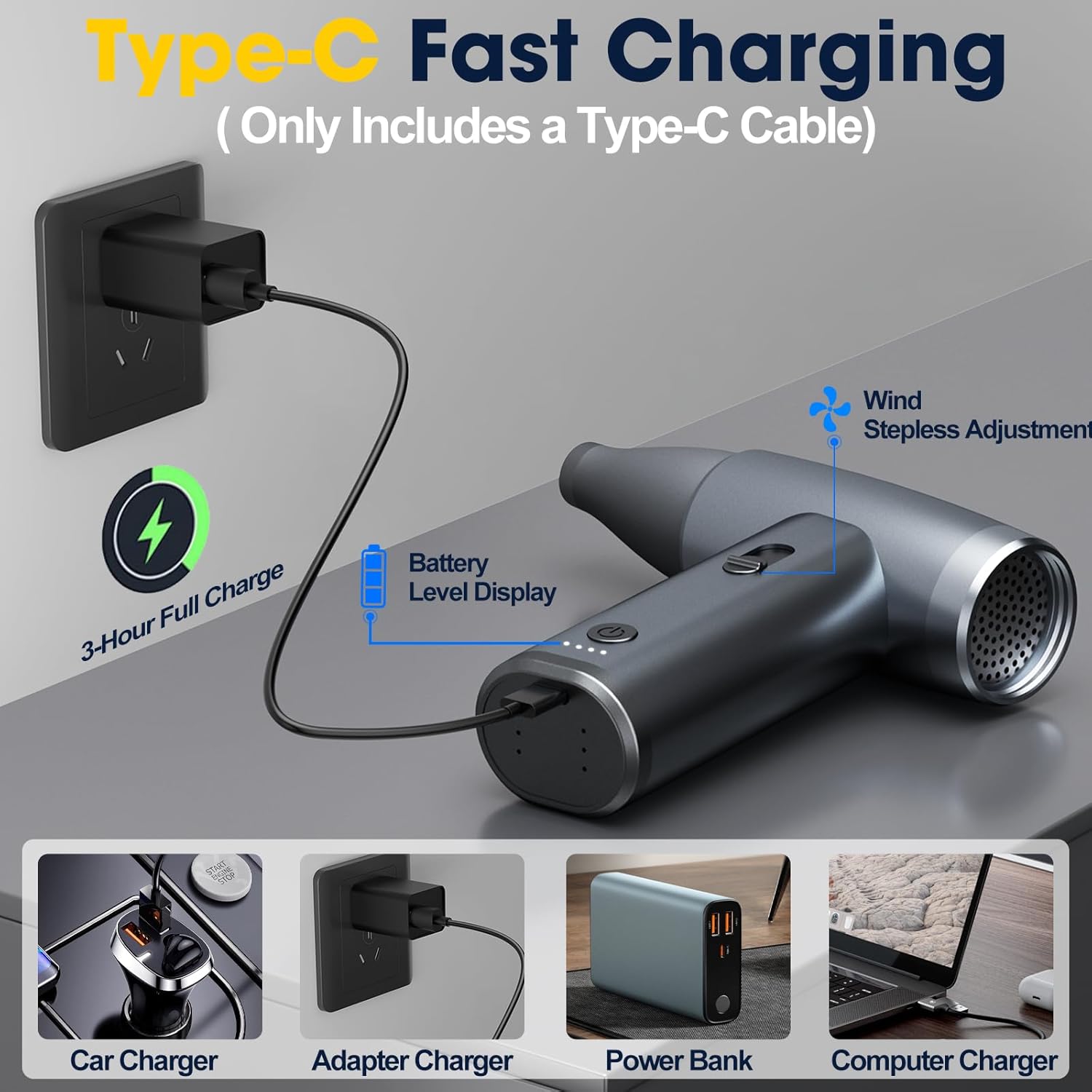 Metal Electric Compressed Air Duster, 300000RPM Brushless Motor with Stepless Speed, Rechargeable Cordless Mini Blower for Computer Keyboard Cleaning, Car Detailing, House and Outdoor Use(Grey) - Image 8