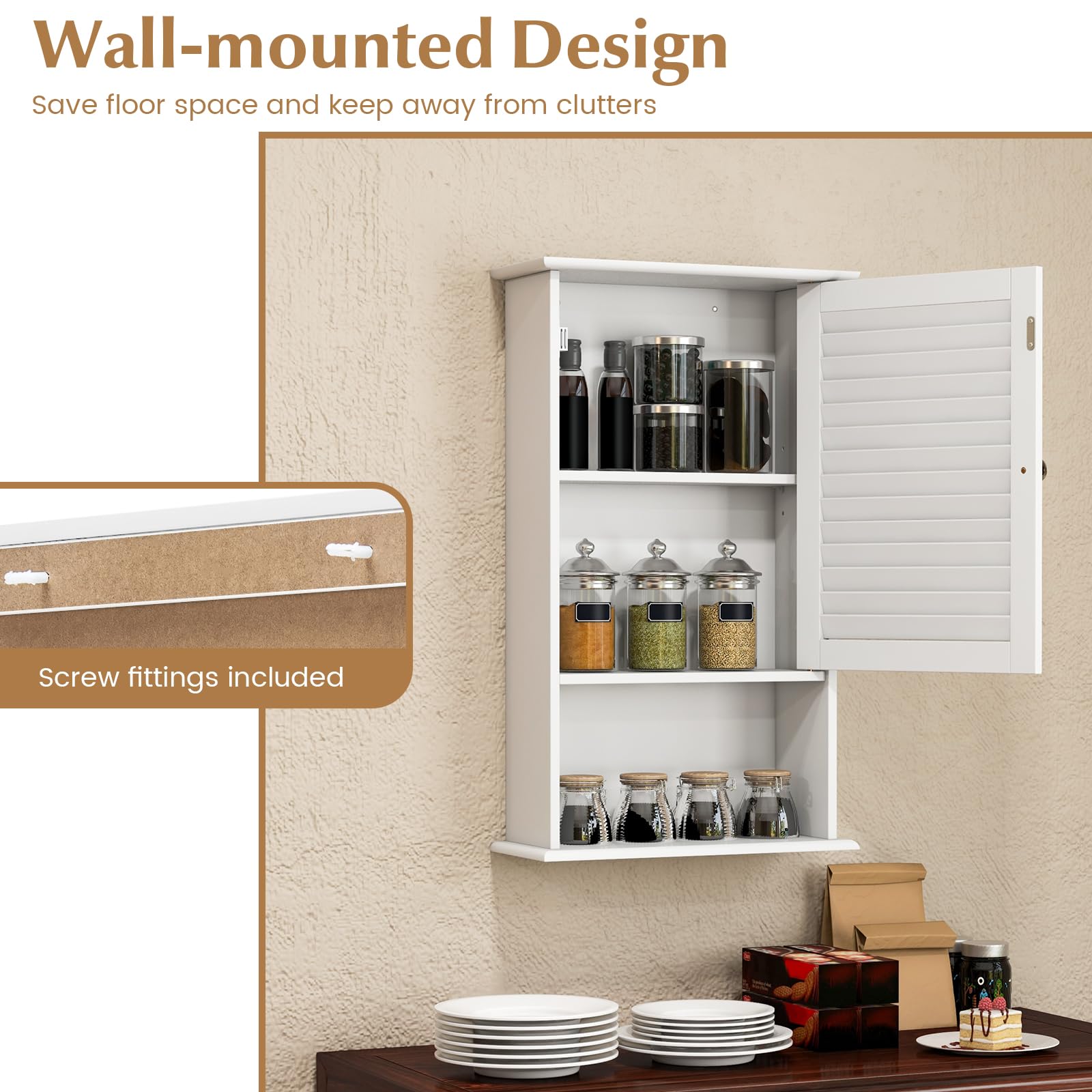 GIANTEX Armadio da Bagno a Parete con Porta, 2 Ripiani Regolabili e Scomparto Aperto, Armadio in Legno a 3 Livelli, Mobile Multiuso per il Bagno, Cucina, Ingresso, 42x17x70 cm (Bianco)