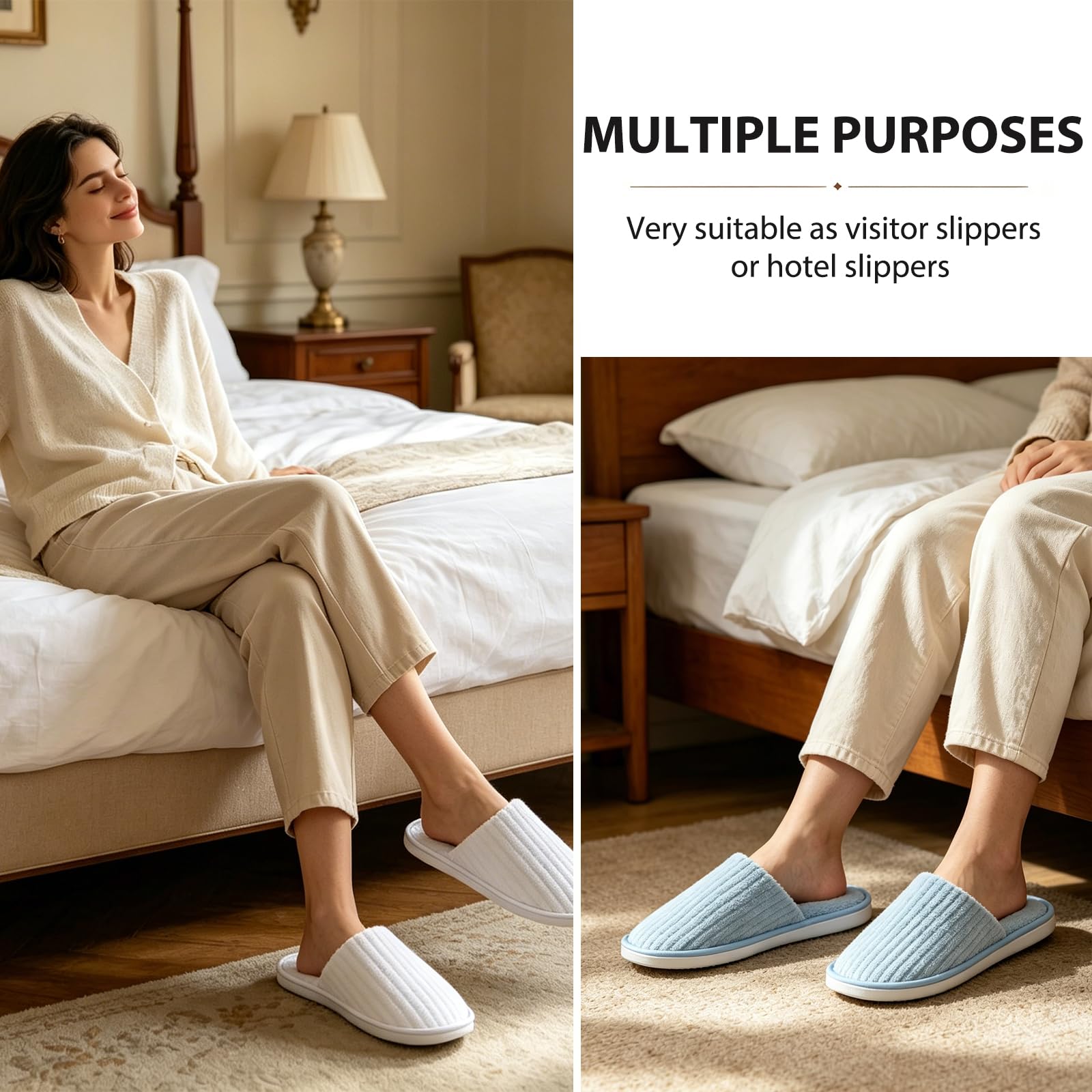 Ciabatte & Pantofole Usa e Getta 2 Coppie Unisex Salvaspazio Antiscivolo per Ospiti, Viaggio, Hotel, SPA, Casa, Bianco Crema & Azzurro.