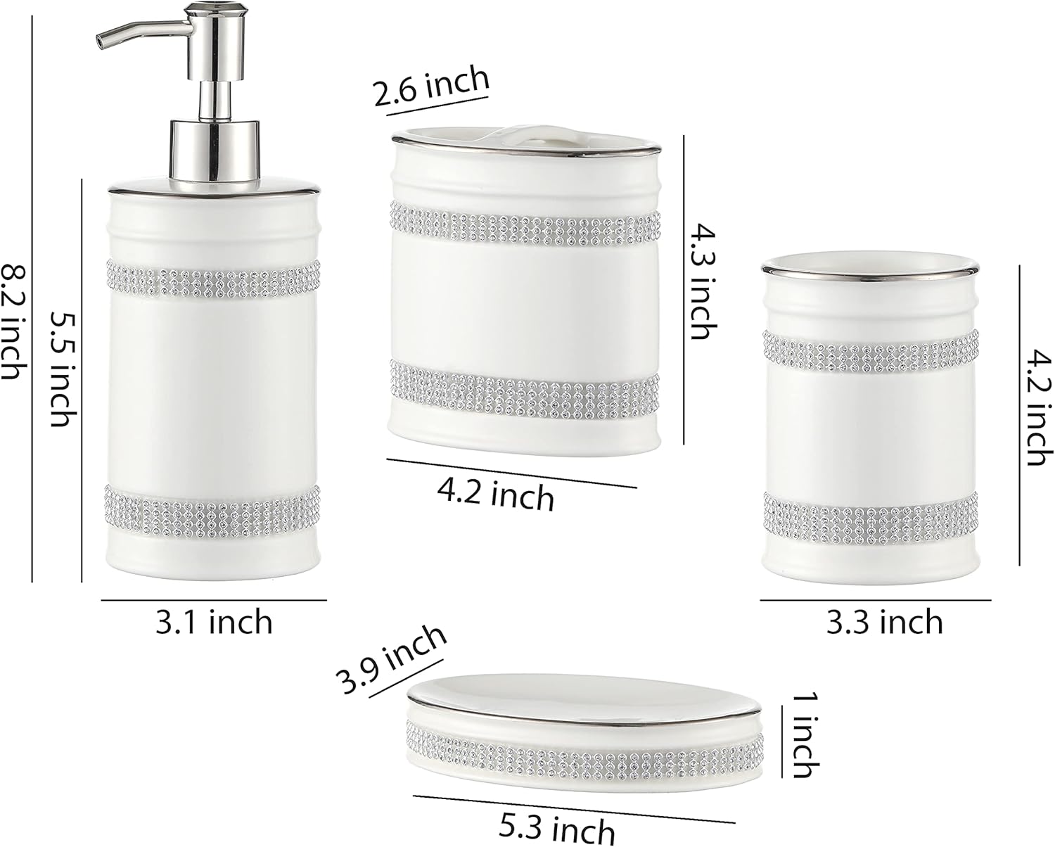Bathroom Accessories Set, 4-Piece Ceramic Bath Accessory Complete Set with Lotion Dispenser/Soap Pump, Tumbler, Soap Dish and Toothbrush Holder (Rhinestones, White)