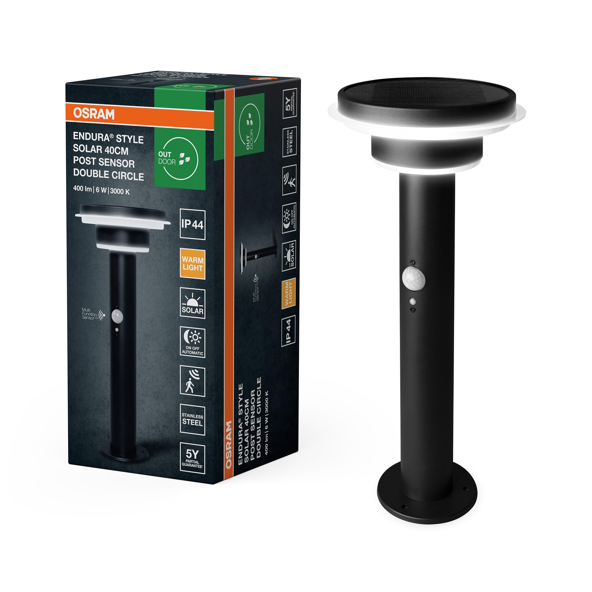 OSRAM Lámpara solar de exterior ENDURA Style, carcasa de acero inoxidable, color negro, IP44, con sensor de movimiento y luz diurna, alimentación solar, adecuada para entradas y terrazas