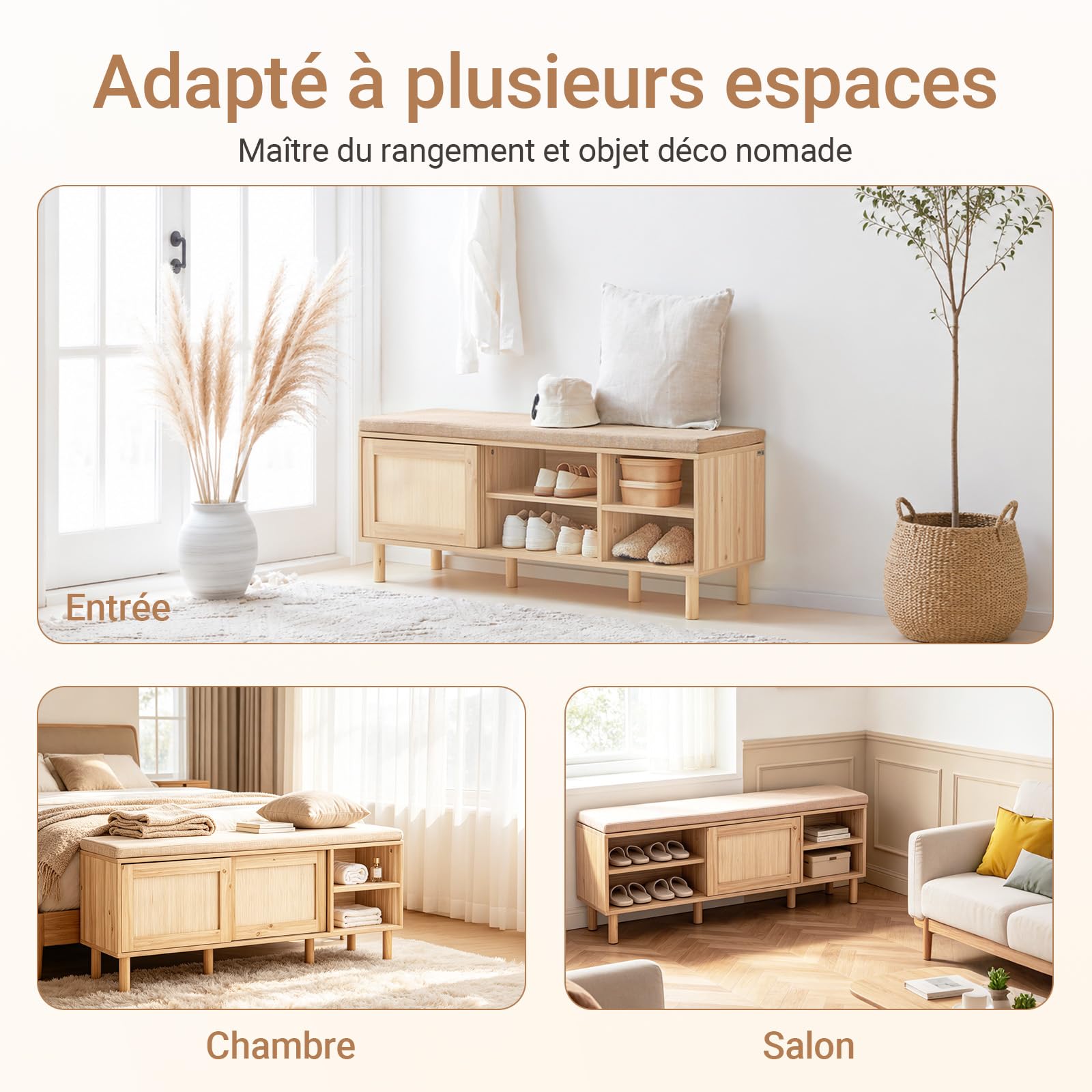 SoBuy Banc Chaussure Bambou avec Assise 121x35x49cm pour entrée | 2 portes coulissantes, 6 compartiments spacieux, MDF E1 et bambou, coussin lin respirant, charge 230kg FSR163-N