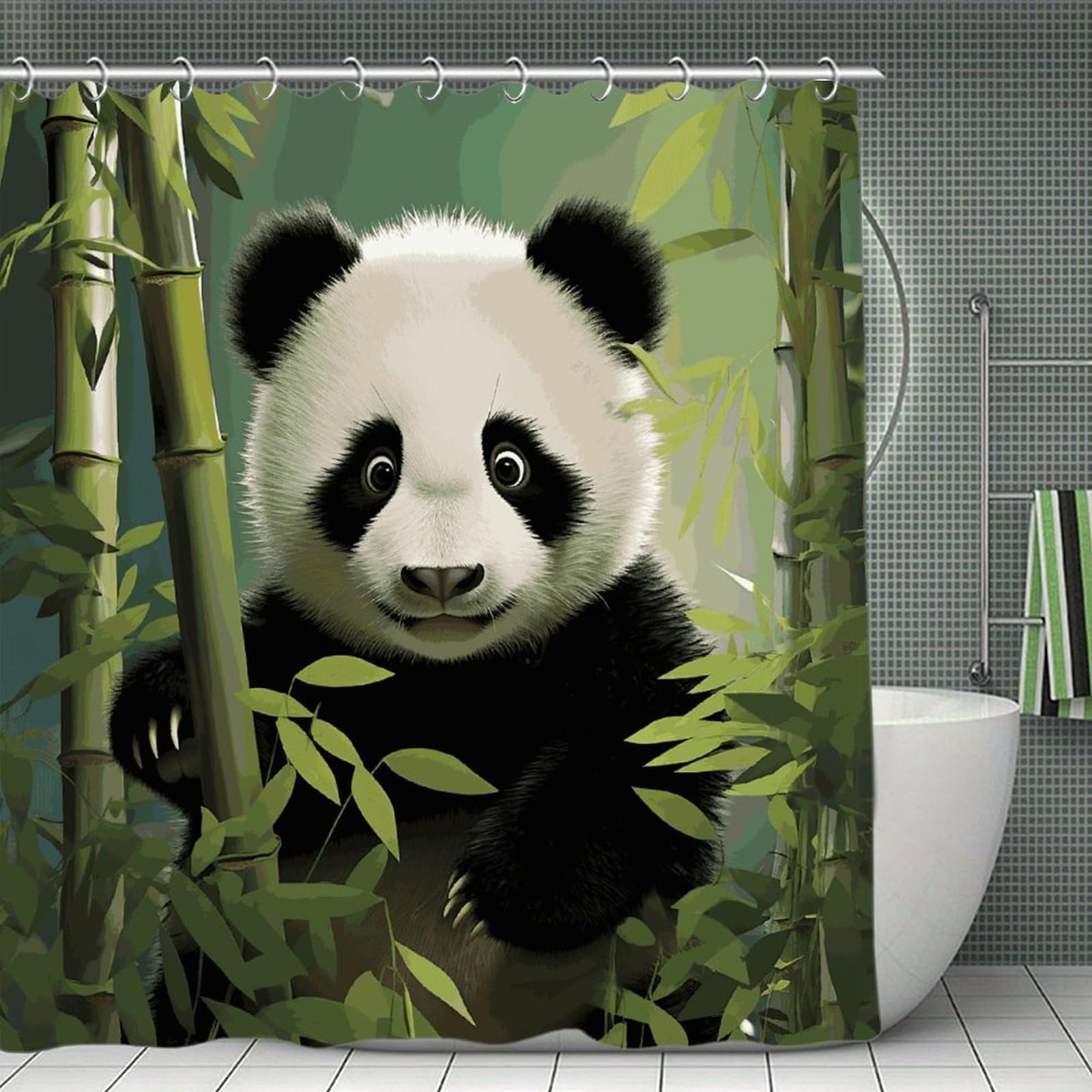 FekiLoot Curious Panda Shower Curtain with Hooks Modern Farmhouse Bathroom Curtain Waterproof Cloth Bath Curtains Cute Washable Blackout Privacy Curtains for Bathroom Bathtub 70.8"x70.8"