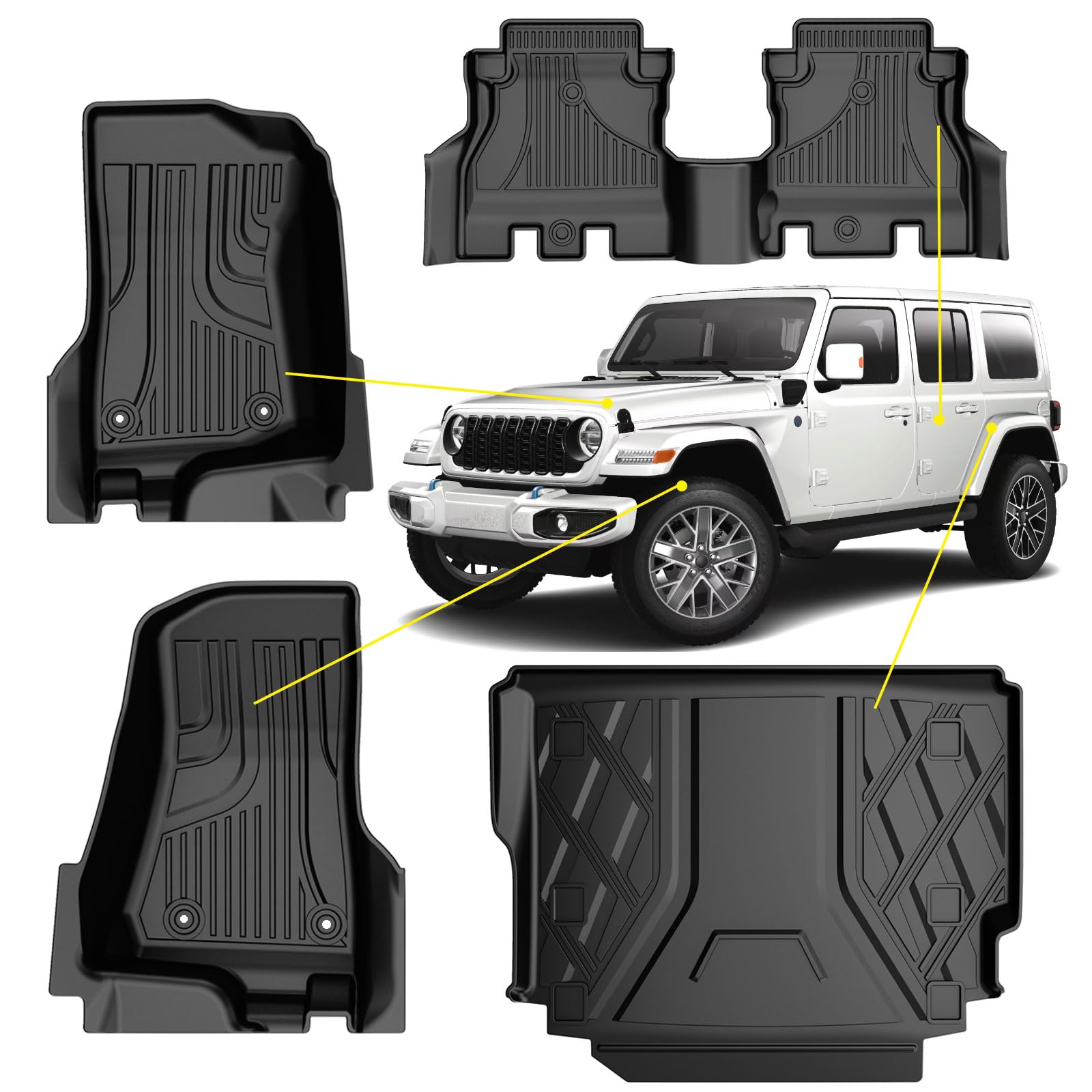 Floor Mats & Cargo Liner Compatible for Jeep Wrangler JL 2018-2024 4 Door Sahara Rubicon without Subwoofer (Non JK or 4XE) All Weather Wrangler Floor Liner for 1st, 2nd Row and Trunk Full Set Car Mats