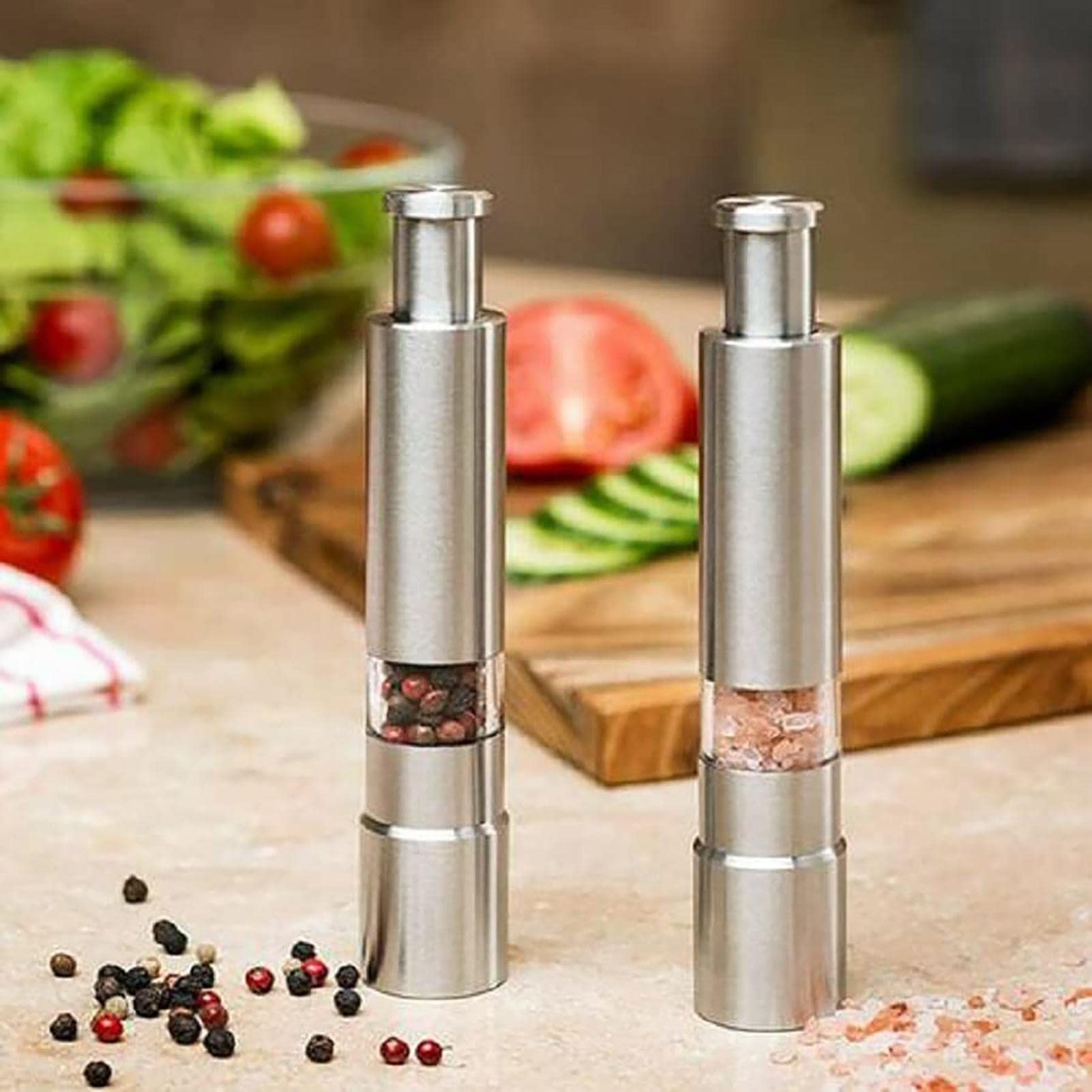 Salt and Pepper Mills, Stainless Steel Manual Grinder, One-Handed Thumb Push Salt Grinder, Long Lasting Thumb Pepper Grinder, Portable Salt and Pepper Shaker, Manual Press Grinding Gadget for Kitchen
