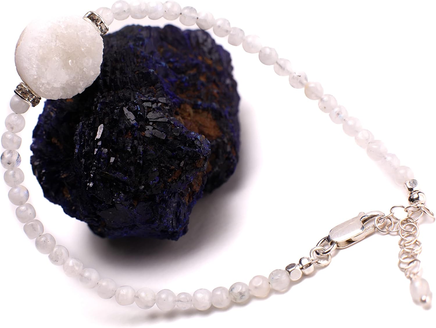 Druzy Agate Charm with Moonstone Bracelet in 925 Sterling Silver Chain and Clasp, 7.5" Bracelet with 1.5" Extension, Gift for her