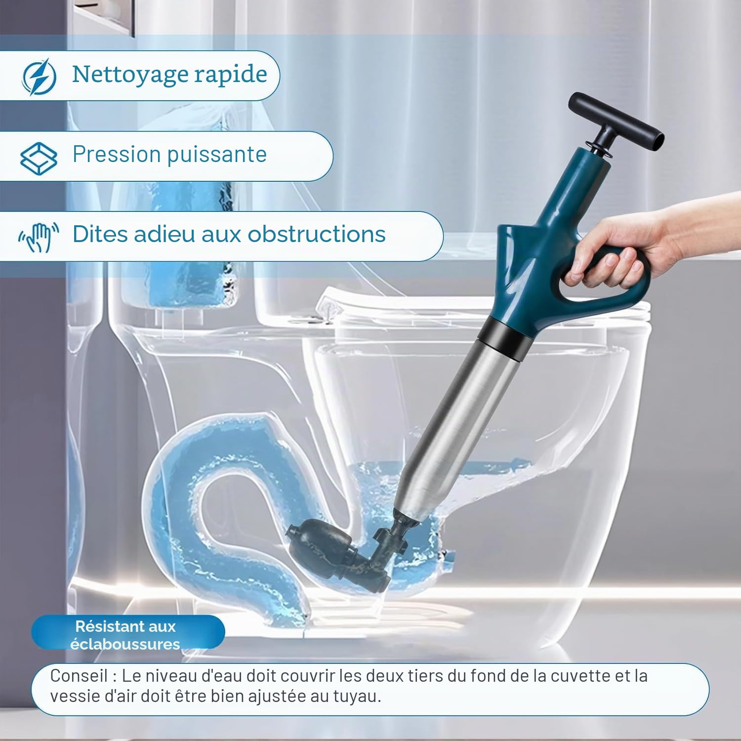 Déboucheur de canalisations à air comprimé, pompe de débouchage avec compression d'air et indicateur de pression d'air, pompe de nettoyage de canalisations à air comprimé avec 4 ventouses et gants