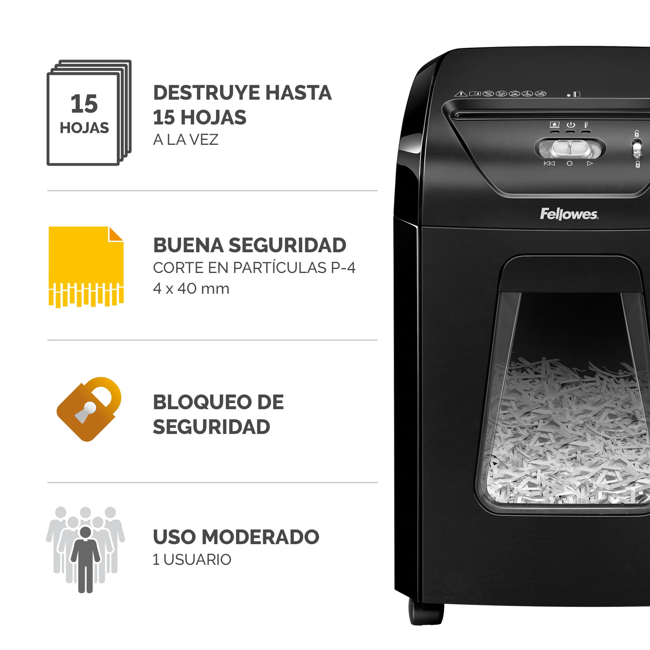 Fellowes Destructora de Papel FS-15C - Uso en Oficina en casa - Trituradora de Corte en partículas, destruye hasta 15 Hojas, Papelera extraíble 19L - Seguridad P4 - Negro