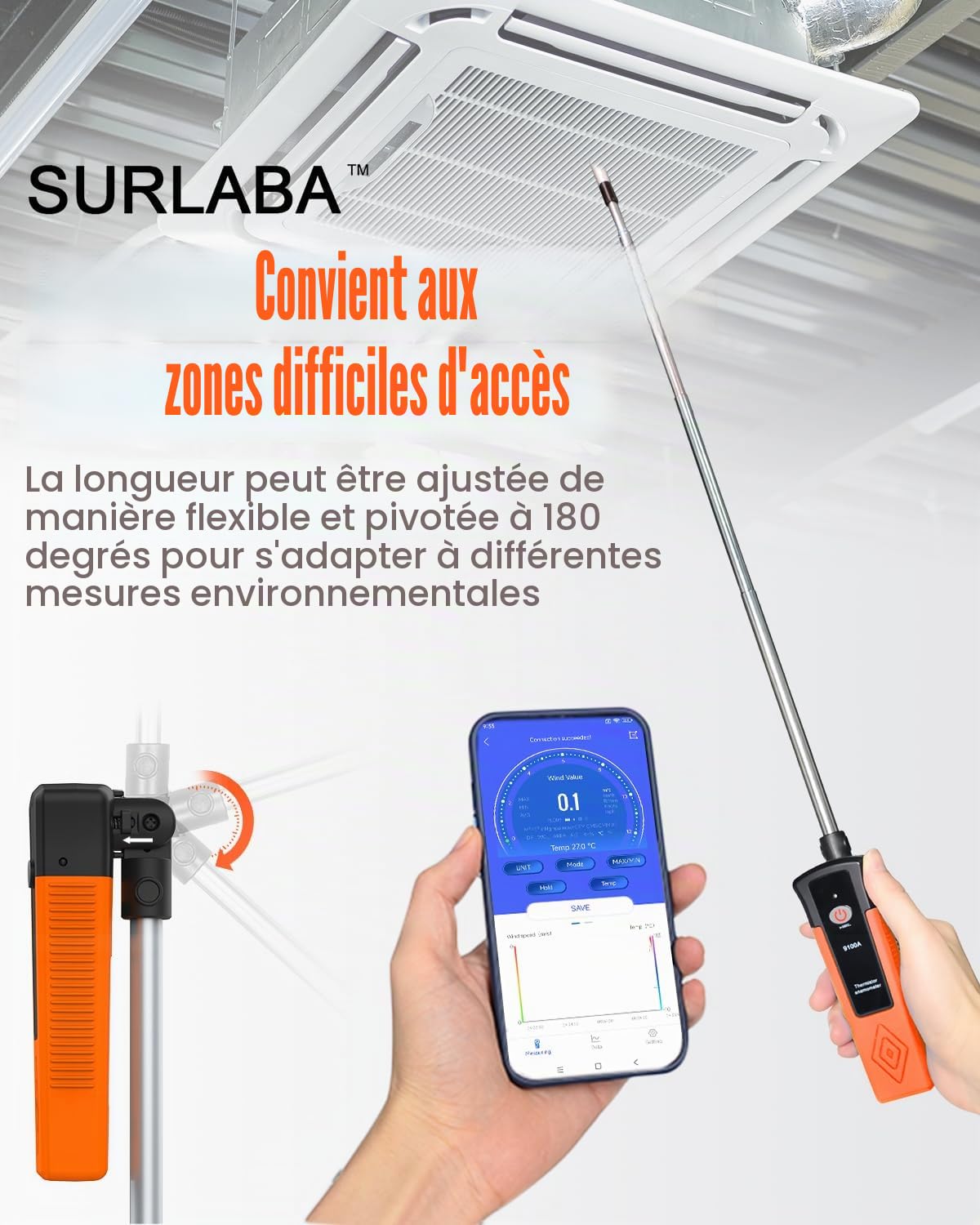 Thermal Anémomètre à fil chaud, XF-9100A CFM Débitmètre Bluetooth APP Connection, Anemometer extérieur avec sonde télescopique Wind Meter thermique pour CVC, drones, voile