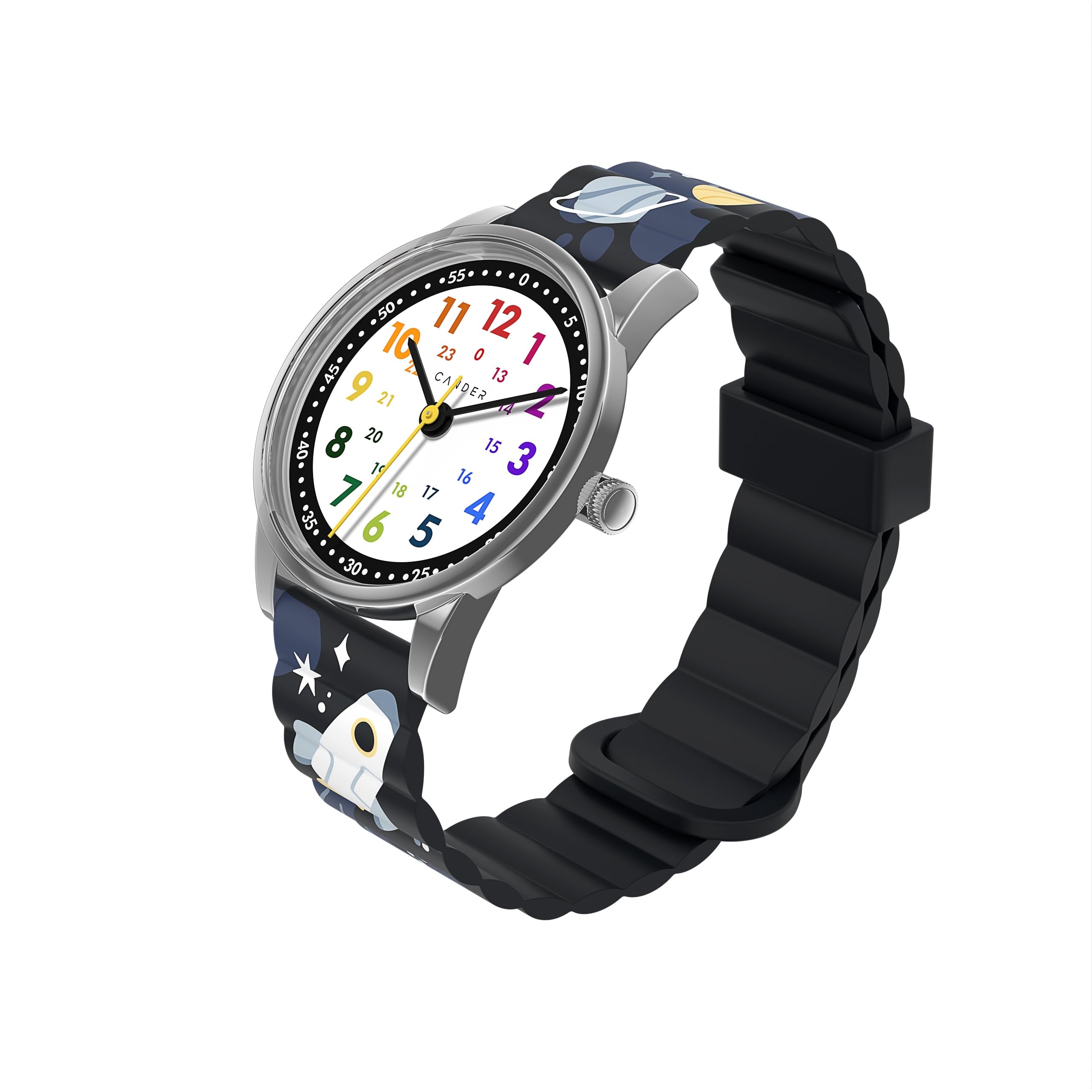Cander Berlin MNA 0430 A Kinderarmbanduhr Klettverschluss Magnet Armbanduhr Kinder Mädchen Jungen 3 ATM wasserdicht Lernuhr analog Weltraum